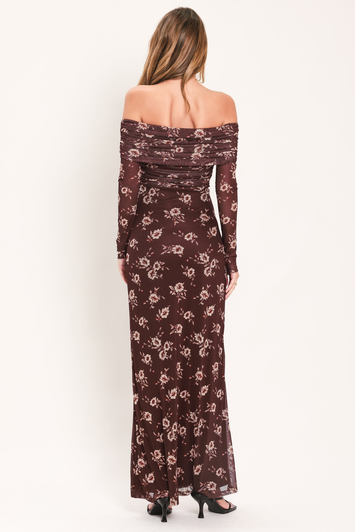 BURGUNDY FLORAL OFF SHOULDER POWER MESH MAXI DRESS