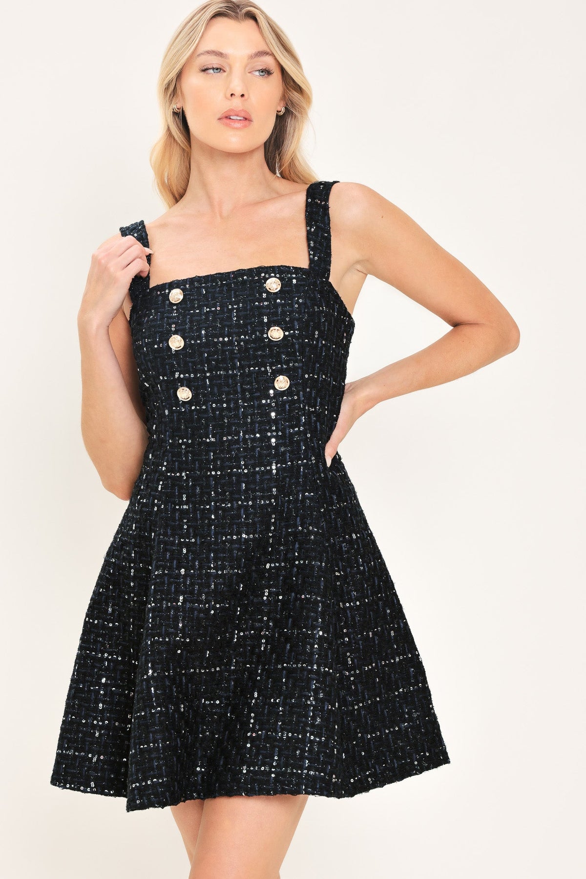 NAVY SEQUIN TWEED BUTTON-DETAIL MINI DRESS