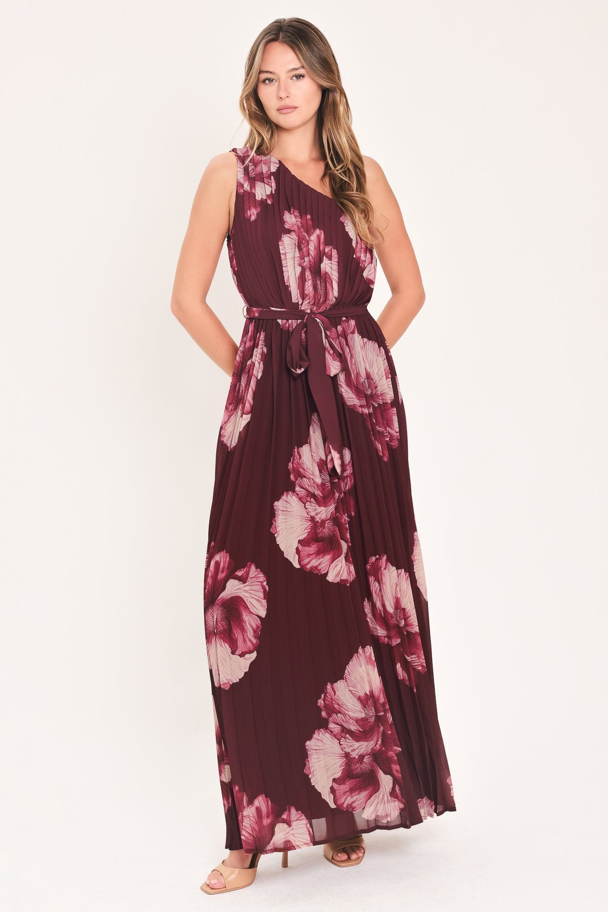 CRIMSON MUSE - BURGUNDY PLEATED ONE-SHOULDER MAXI DRESS | Lady Black Tie