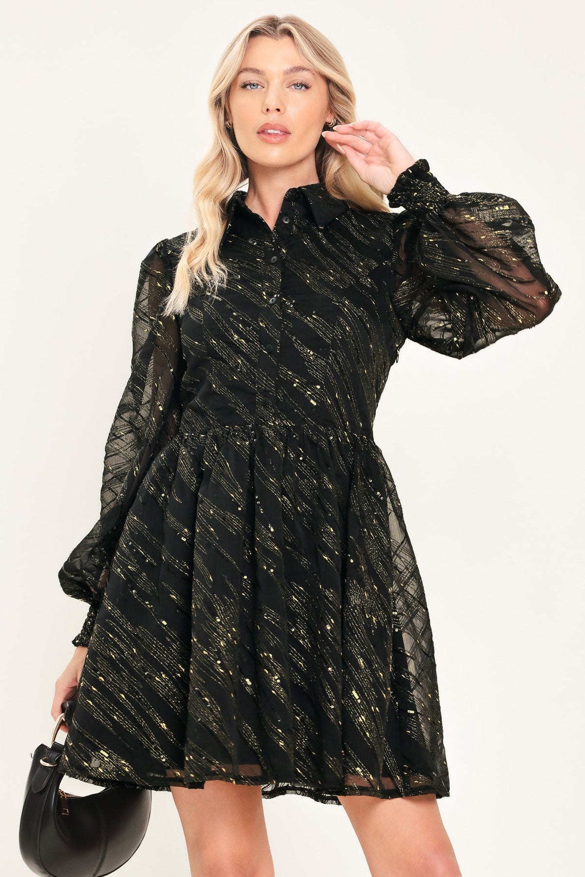 Black Gold Metallic Stripe Long Sleeve Shirt Mini Dress in Black Gold, front view | Lady Black Tie