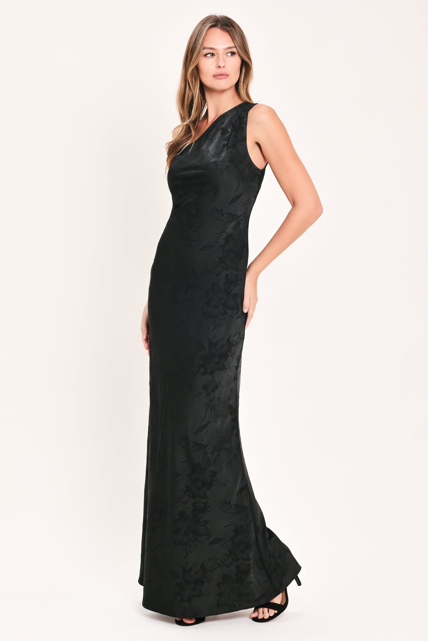 ROSE SOLSTICE - ONE SHOULDER BLACK SATIN MAXI DRESS