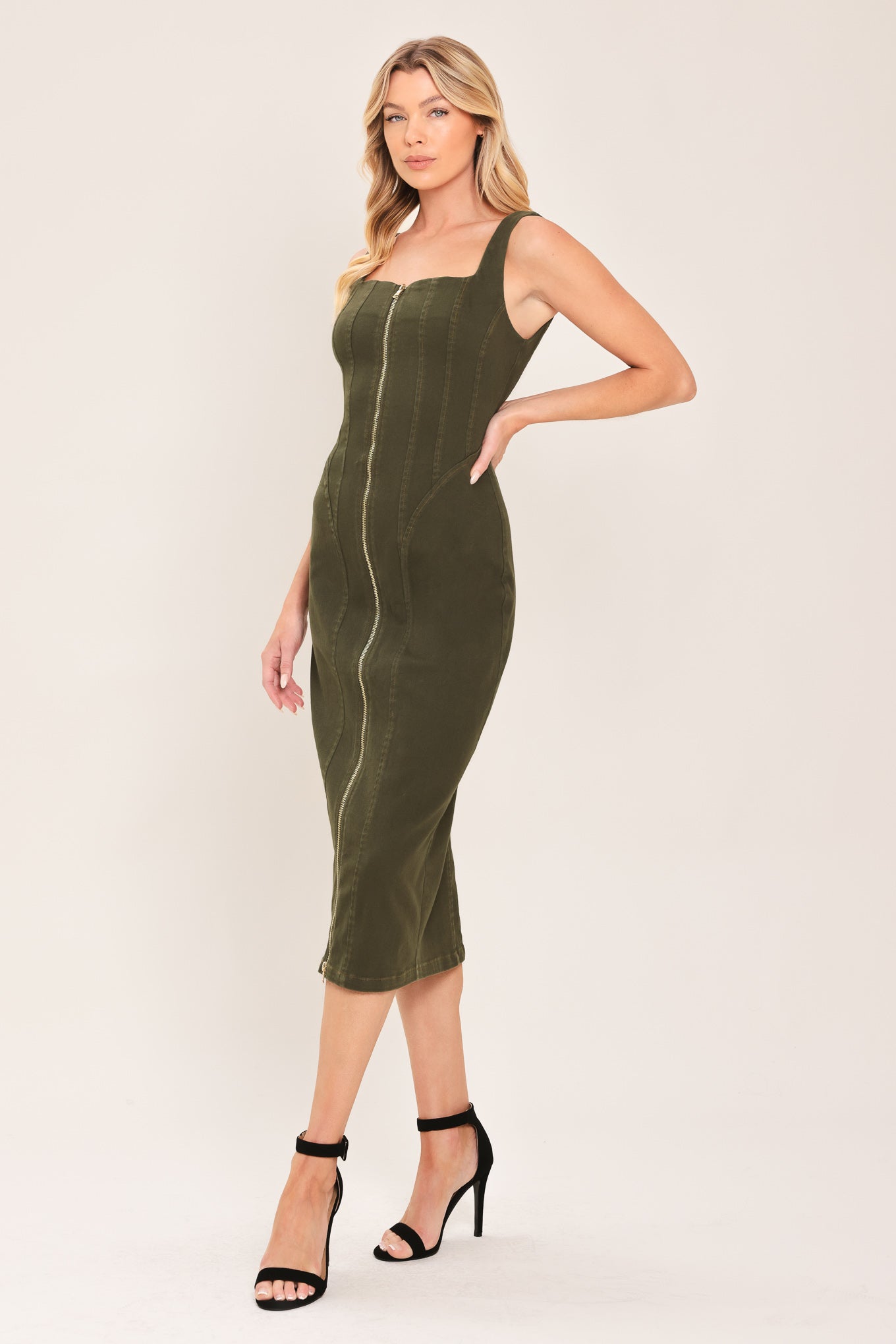 MODERN CARGO CHIC - OLIVE ZIP FRONT MIDI DRESS