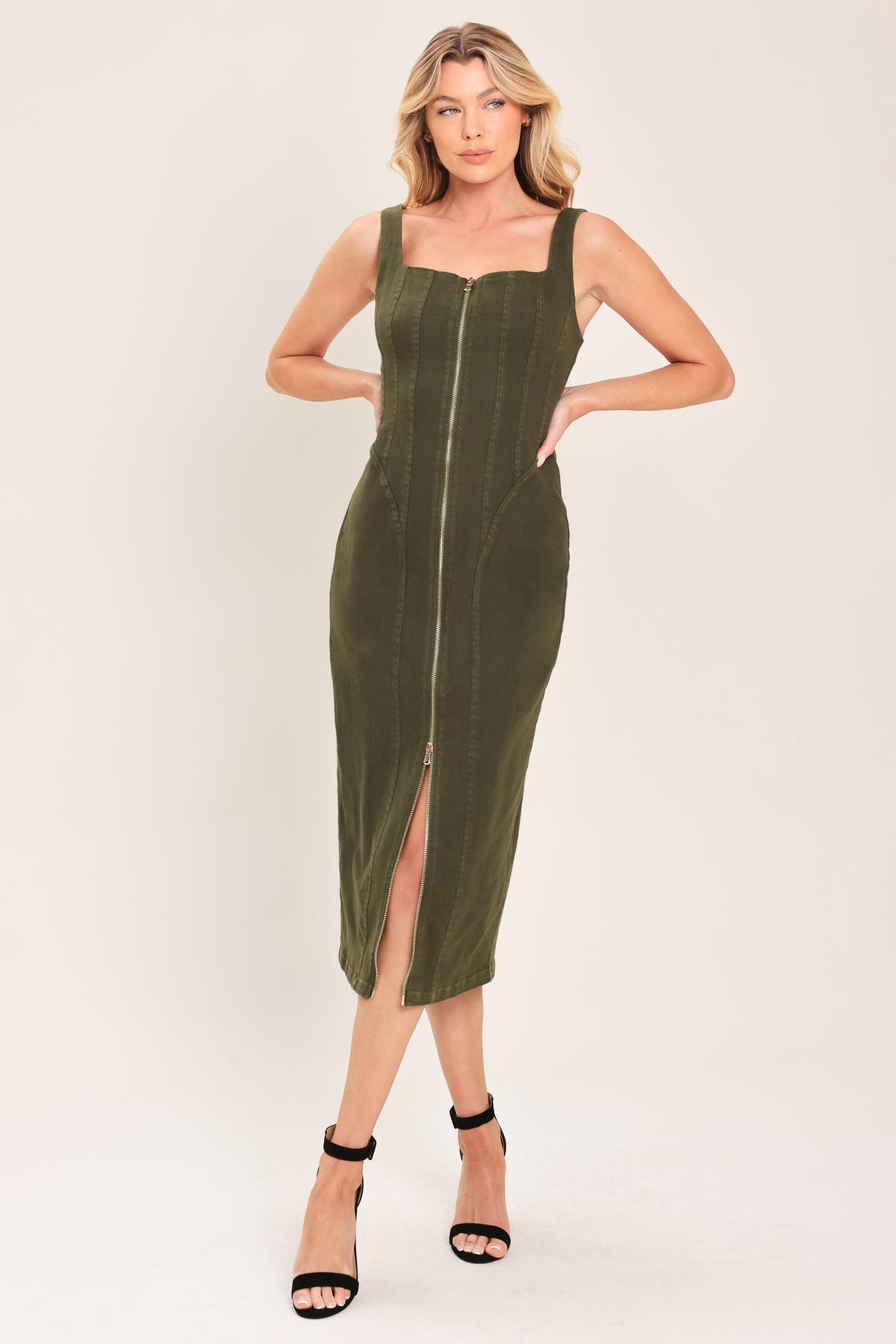 MODERN CARGO CHIC - OLIVE ZIP FRONT MIDI DRESS