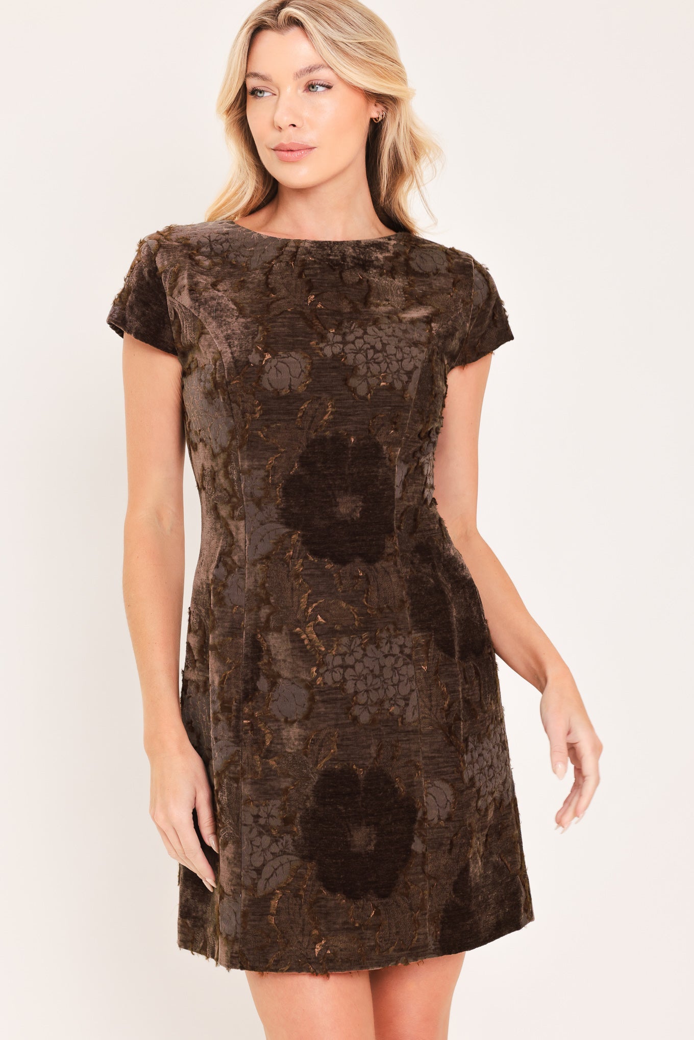 Mocha Velvet Muse Mini Dress | ID24312 BROWN - Deep Coffee Contour Jacquard Velvet Mini Dress | Lady Black Tie