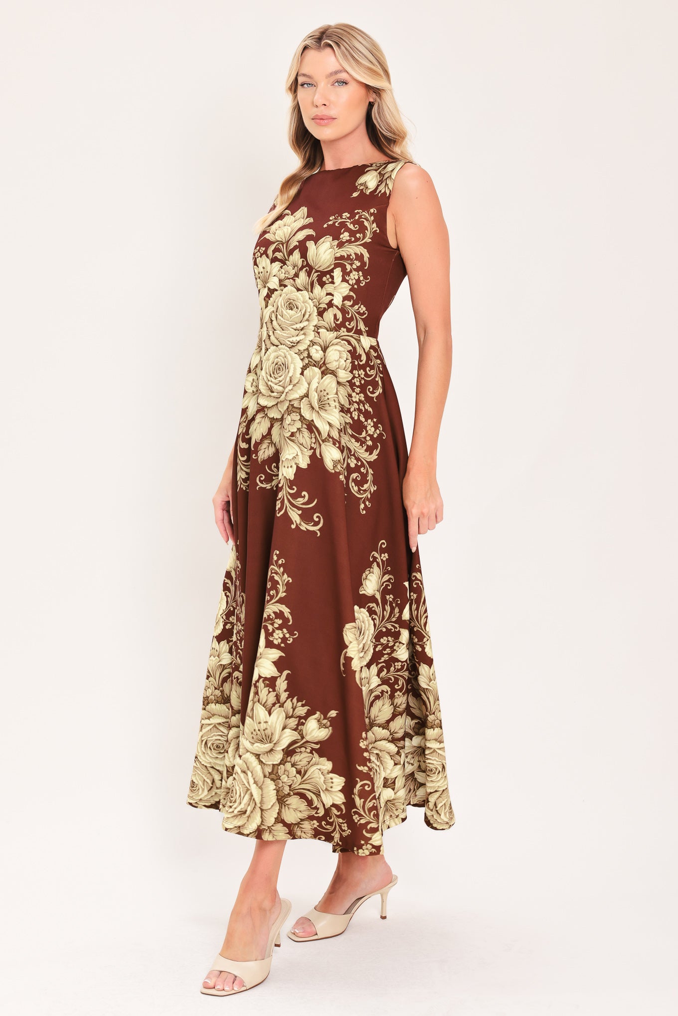 ANTIQUE PETAL REGALIA BROWN MIDI DRESS