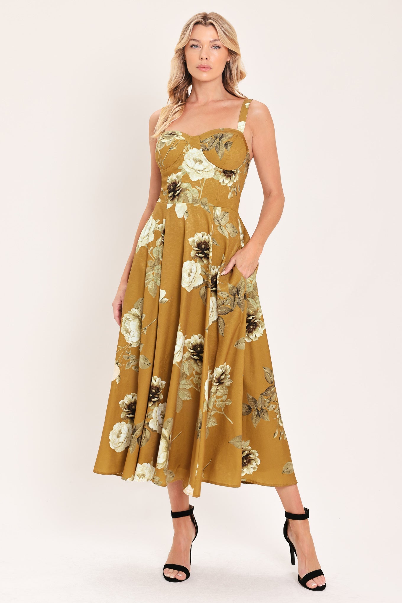 MUSTARD ROSETTE MELODY MIDI DRESS