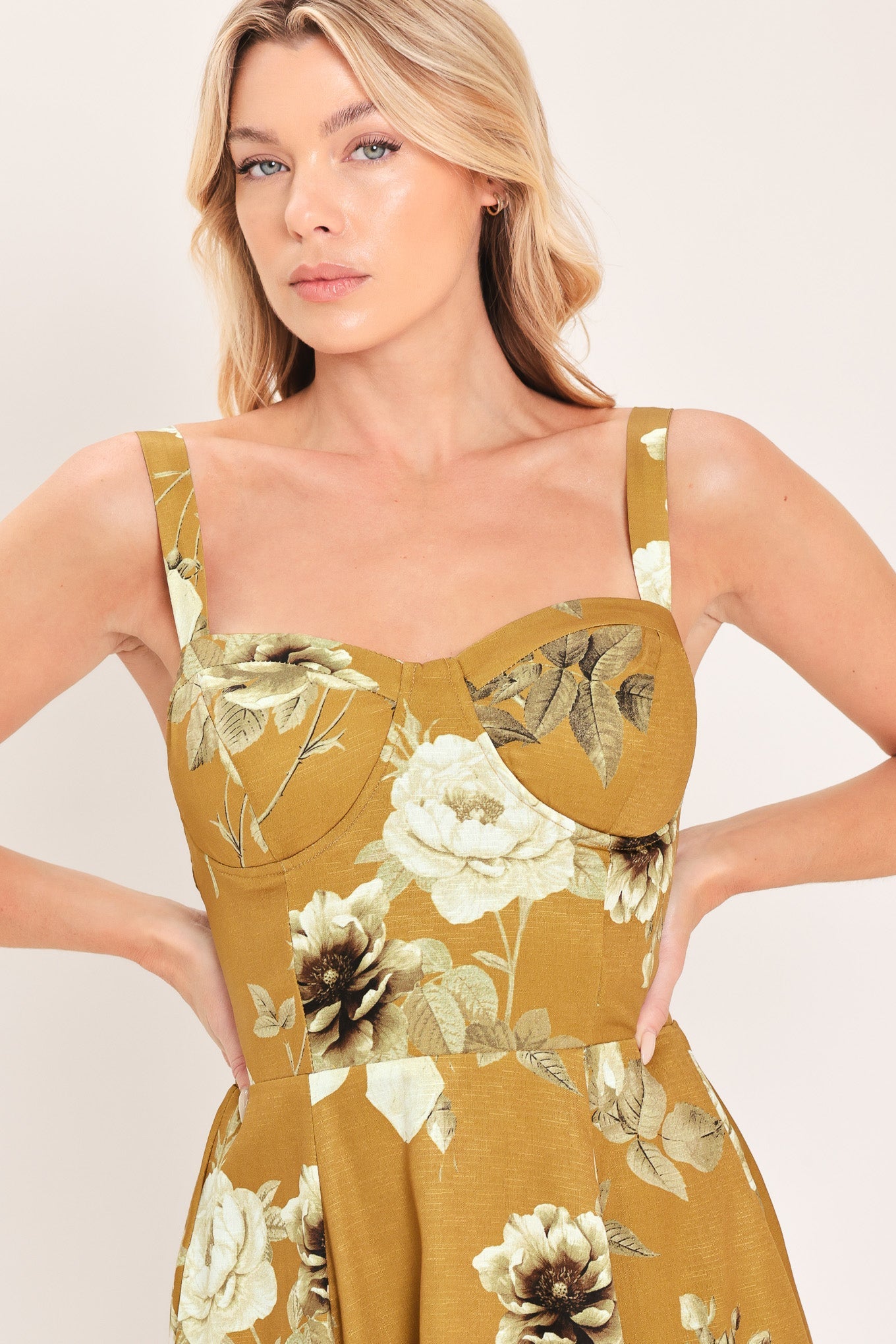 MUSTARD ROSETTE MELODY MIDI DRESS
