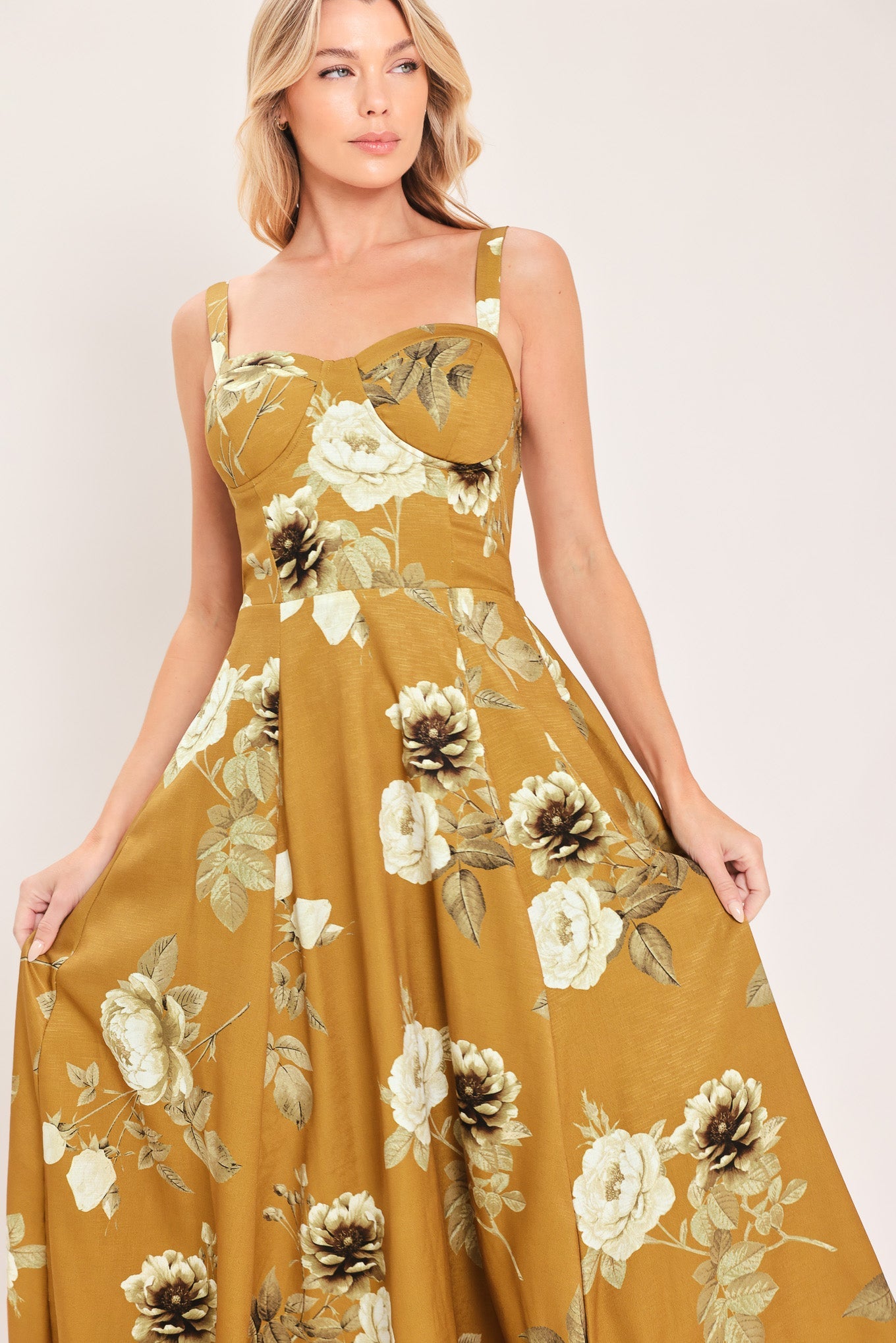 MUSTARD ROSETTE MELODY MIDI DRESS