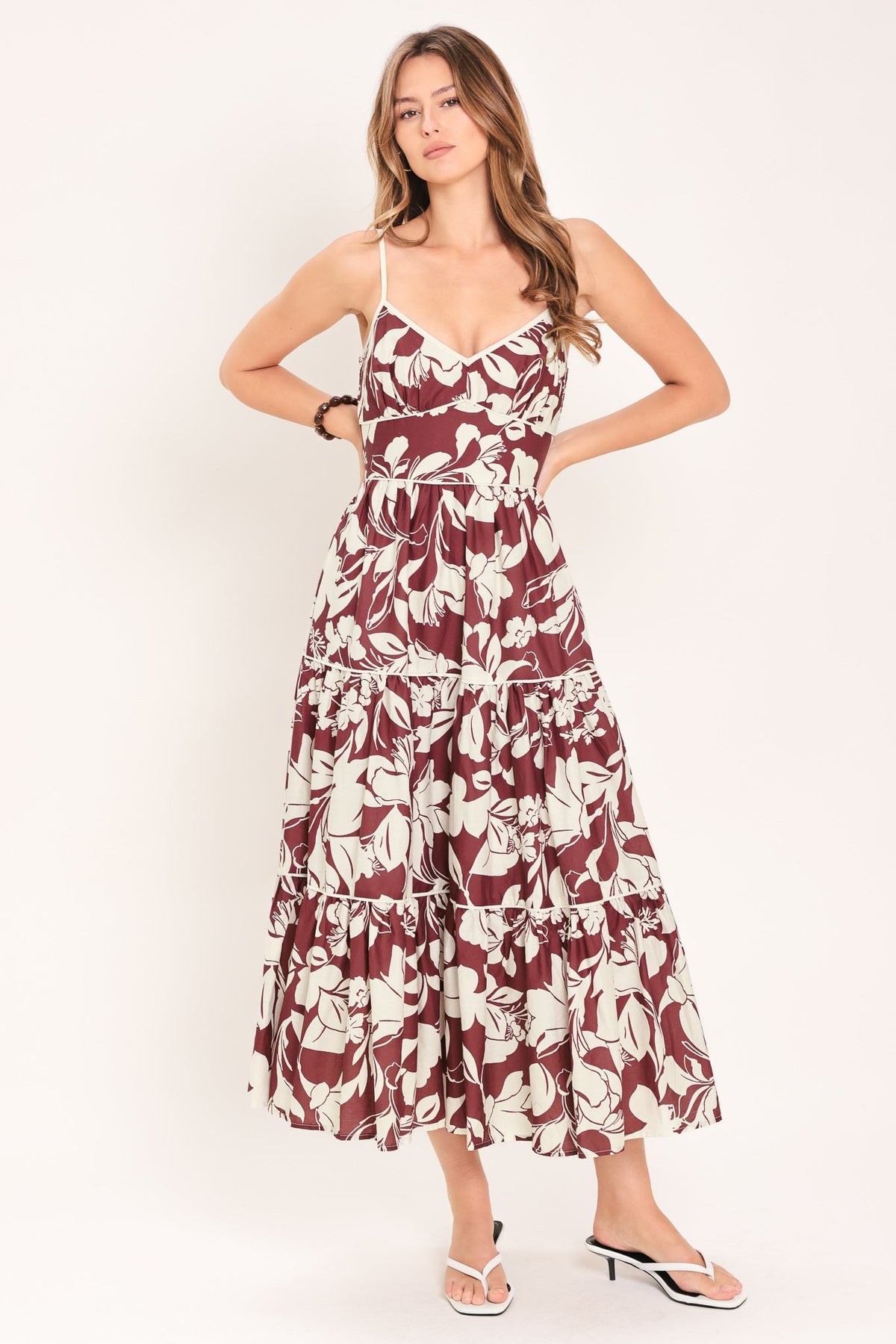 Maroon Floral Cami Tiered Midi Dress in Maroon, alternate view | Lady Black Tie