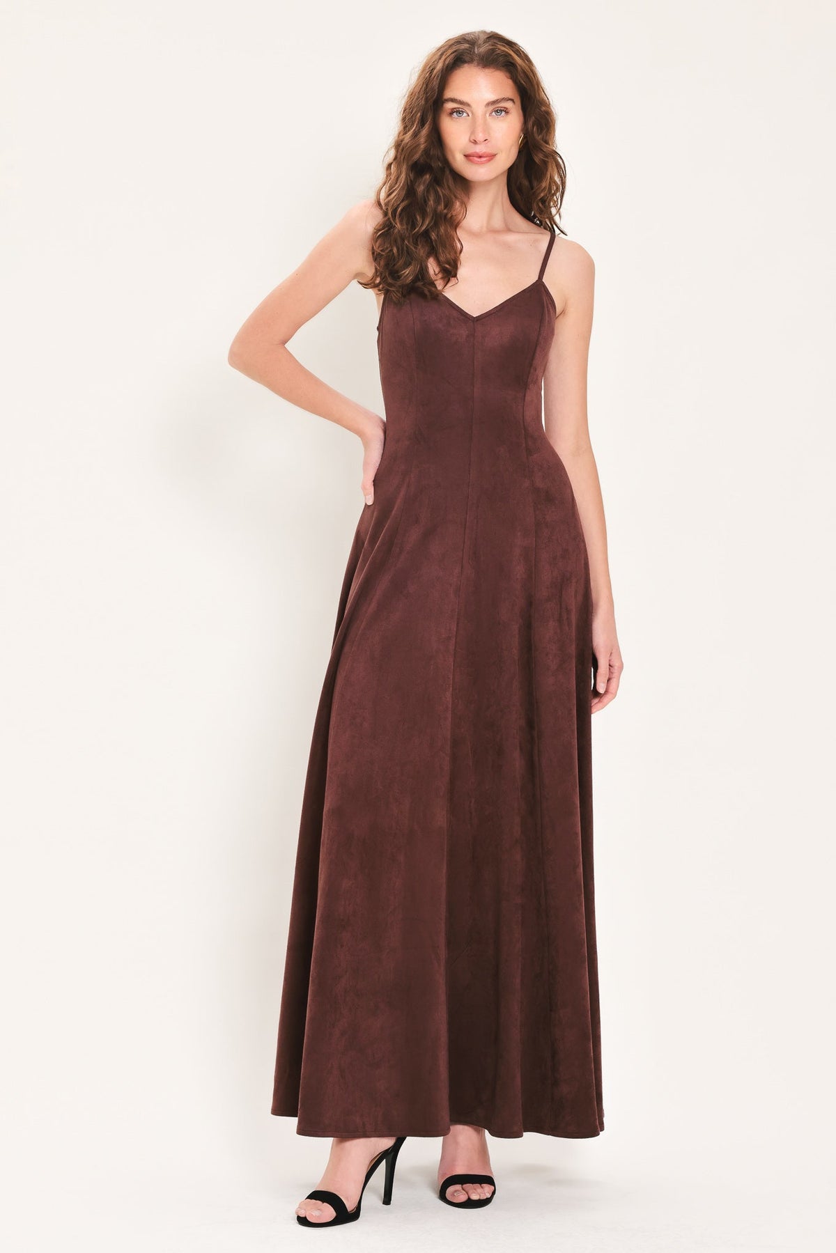 Raisin Brown Faux Suede V-Neck Maxi Dress in Raisin, alternate view | Lady Black Tie