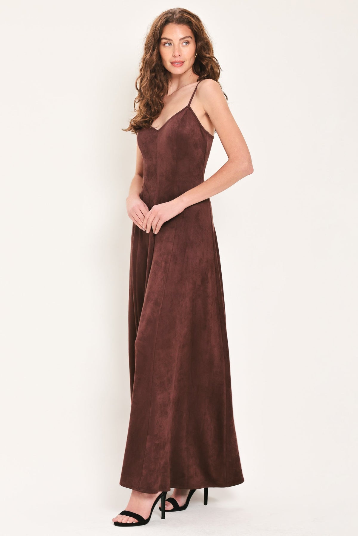 Raisin Brown Faux Suede V-Neck Maxi Dress in Raisin, alternate view | Lady Black Tie