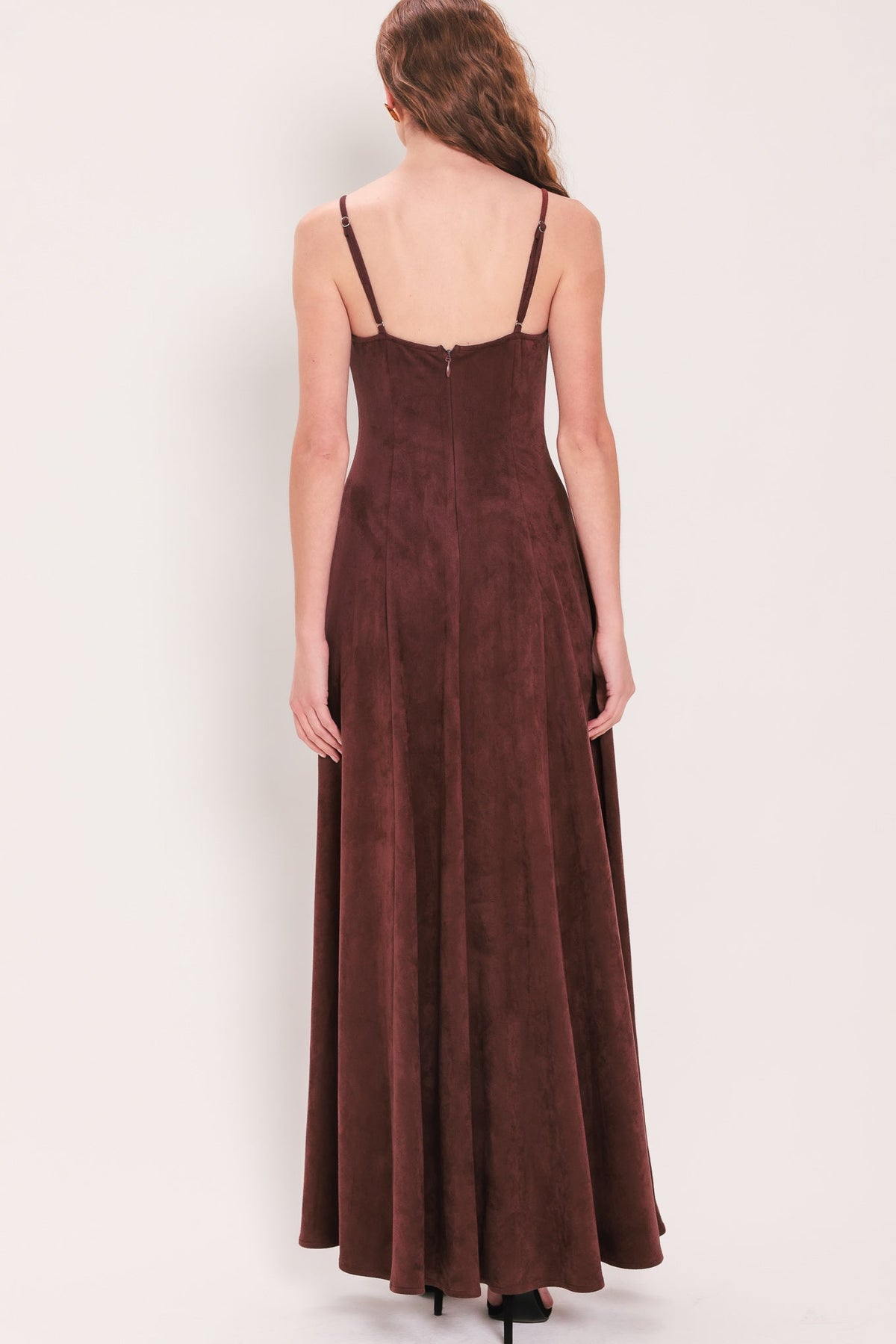 Raisin Brown Faux Suede V-Neck Maxi Dress in Raisin, alternate view | Lady Black Tie