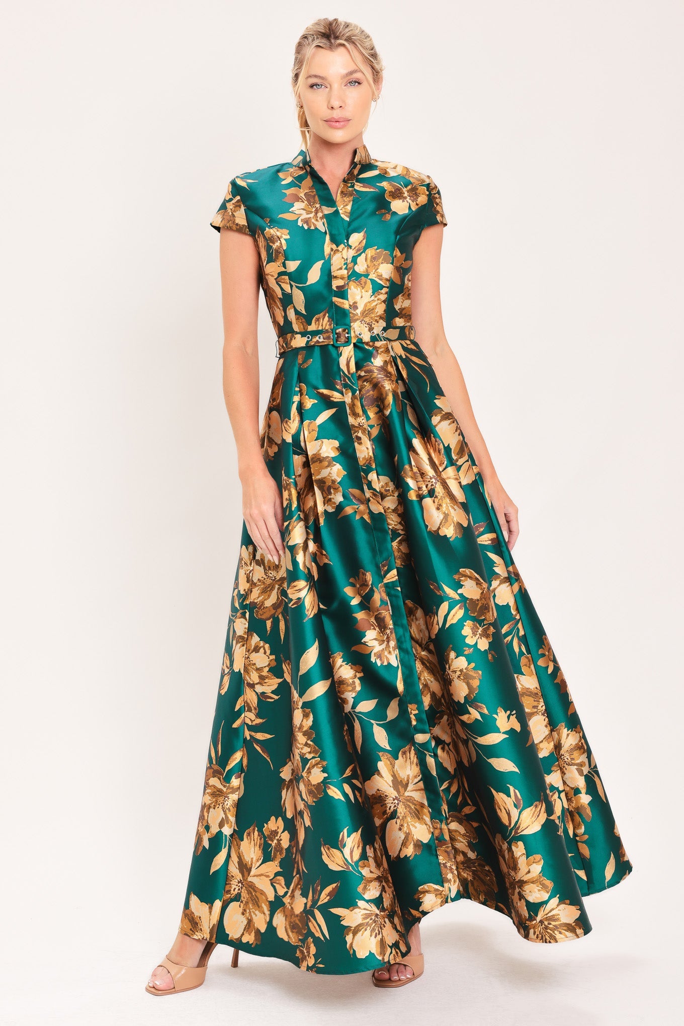 EMERALD GOLDEN BLOOM SATIN MAXI DRESS