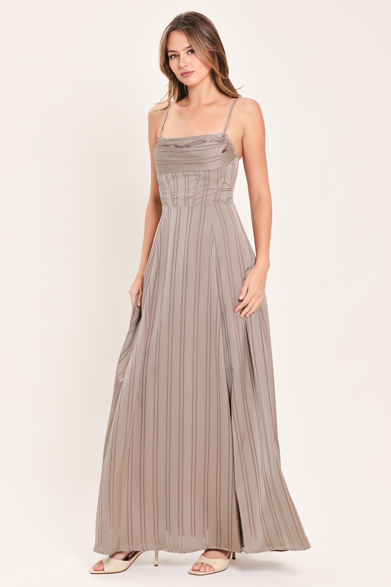 MISTED DAYBREAK - STONE STRIPE MAXI DRESS
