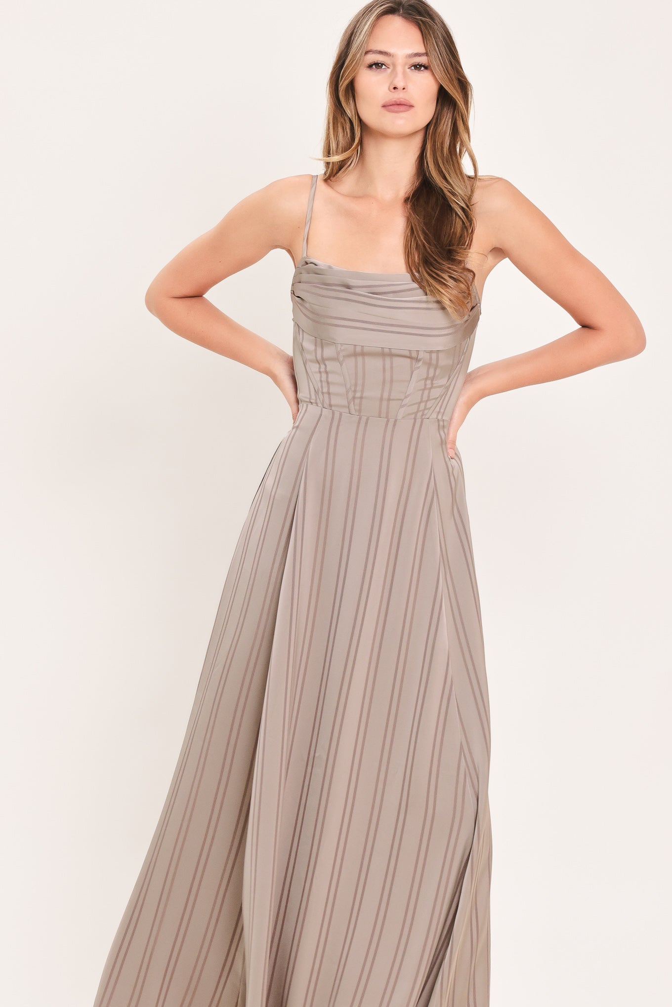 MISTED DAYBREAK - STONE STRIPE MAXI DRESS