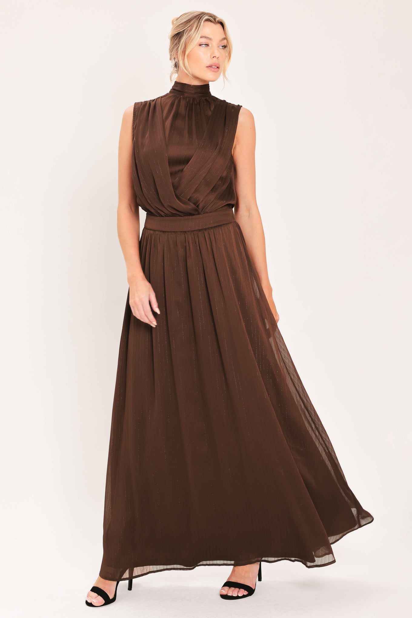 ESPRESSO GATHERED HIGH NECK MAXI DRESS