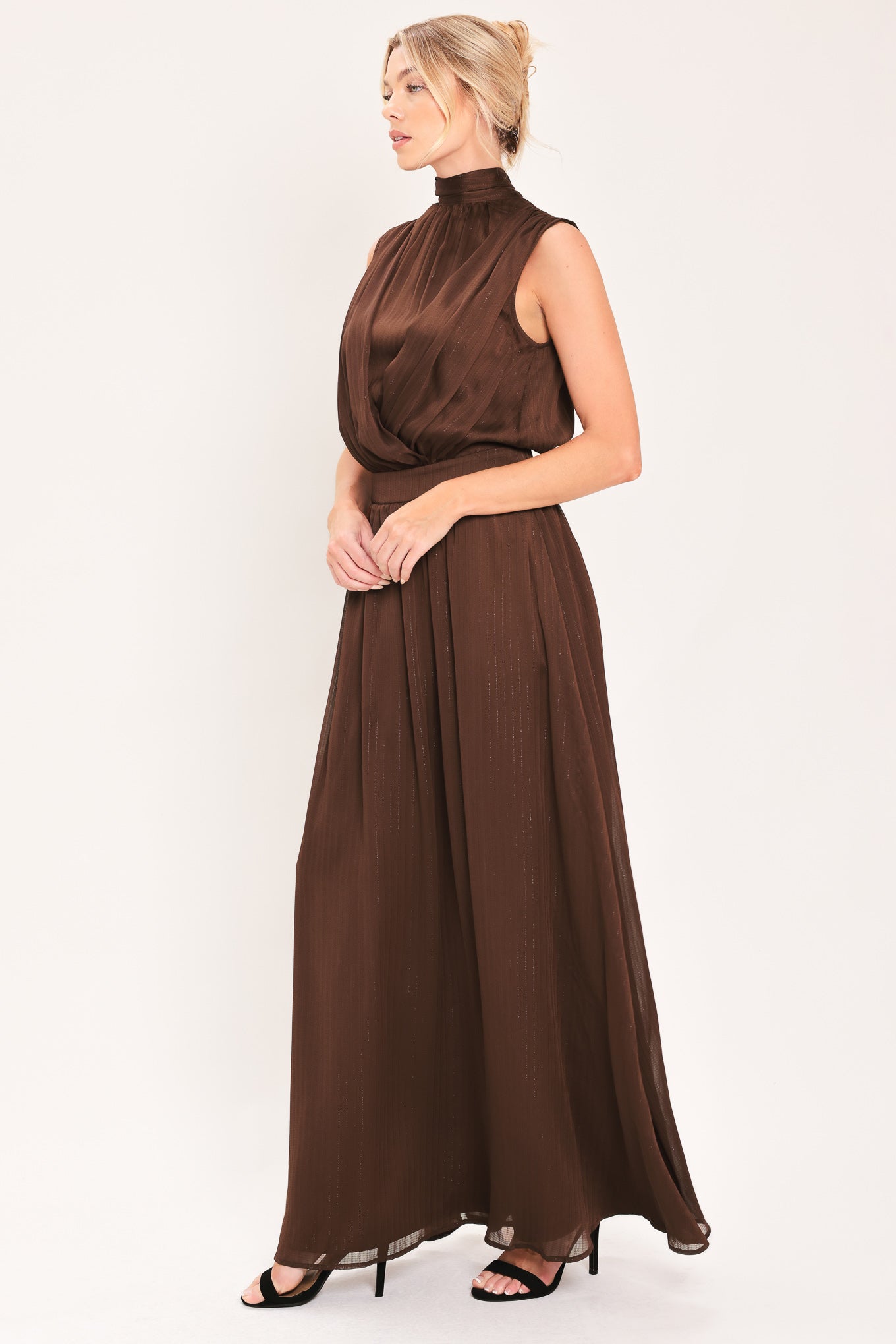 ESPRESSO GATHERED HIGH NECK MAXI DRESS