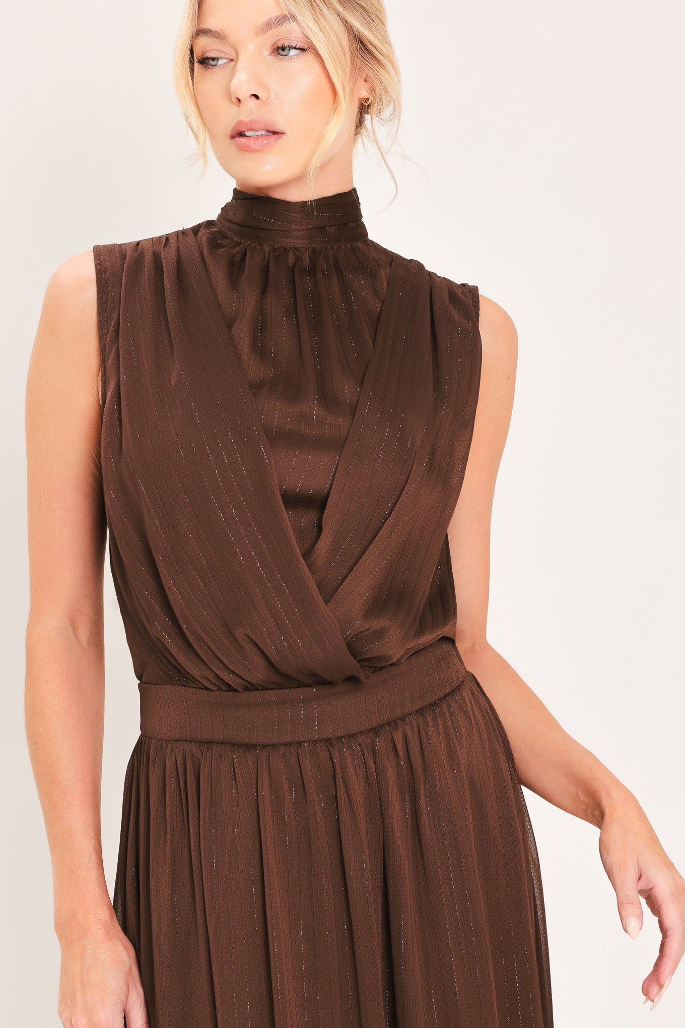 ESPRESSO GATHERED HIGH NECK MAXI DRESS