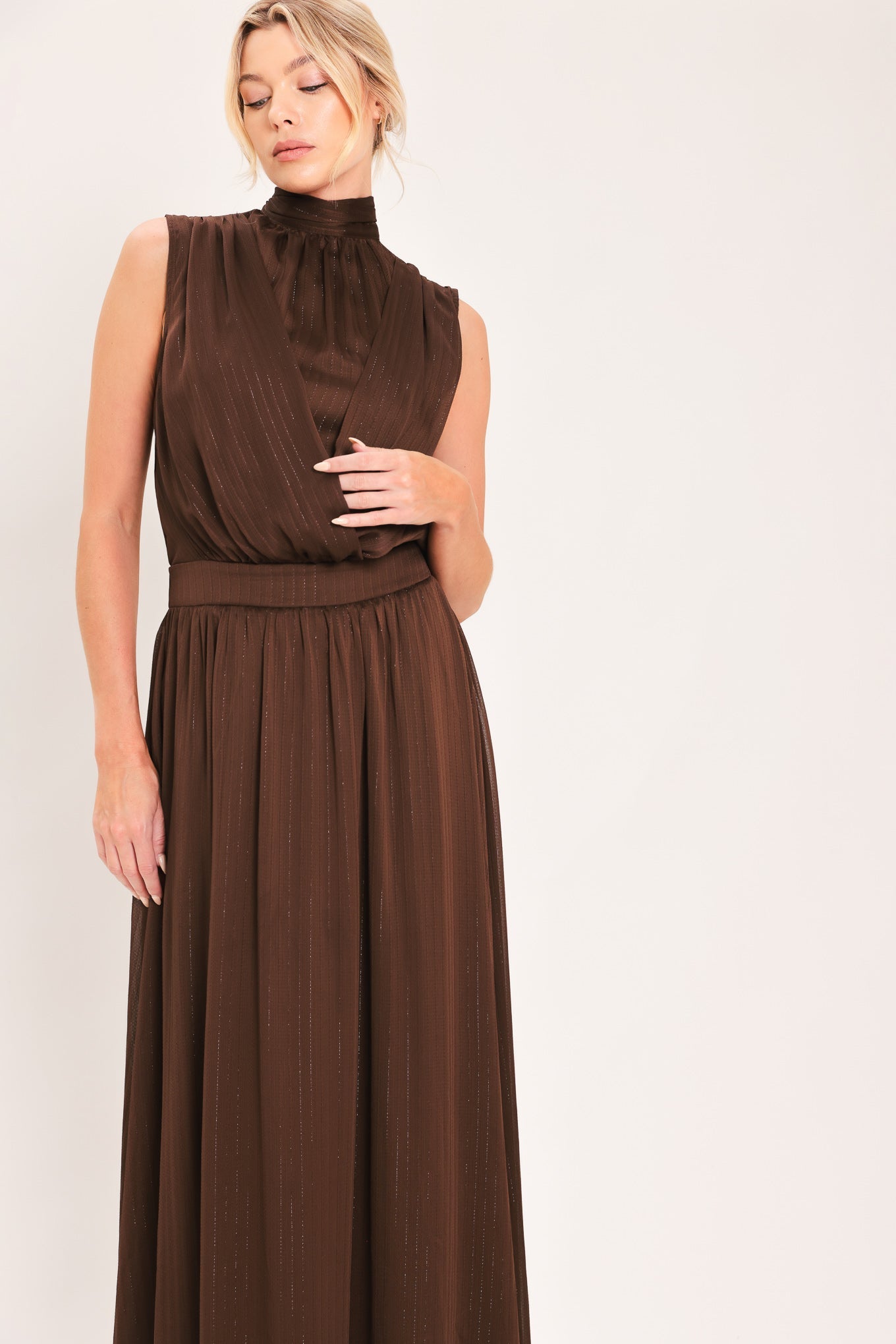 ESPRESSO GATHERED HIGH NECK MAXI DRESS