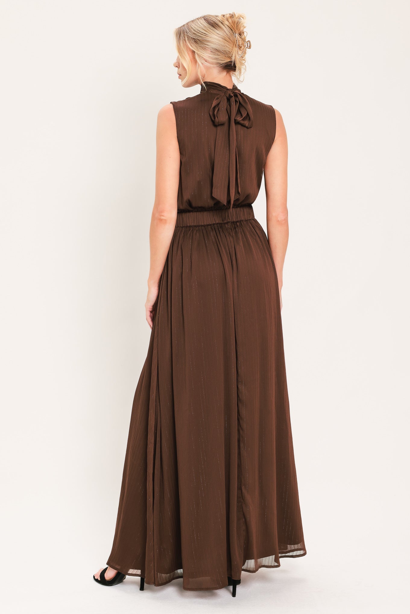 ESPRESSO GATHERED HIGH NECK MAXI DRESS