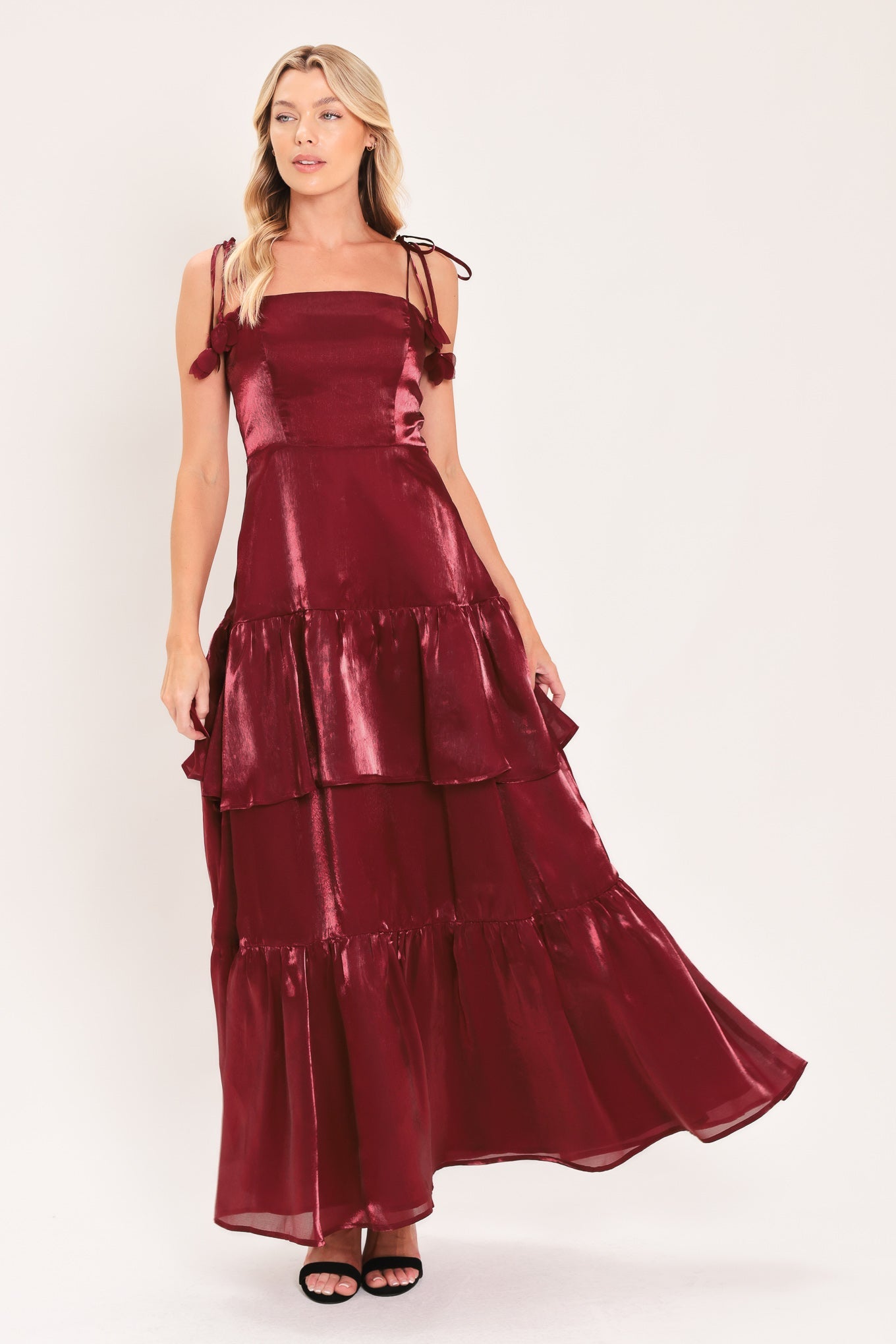 BORDEAUX BLOOM BURGUNDY SATIN MAXI DRESS