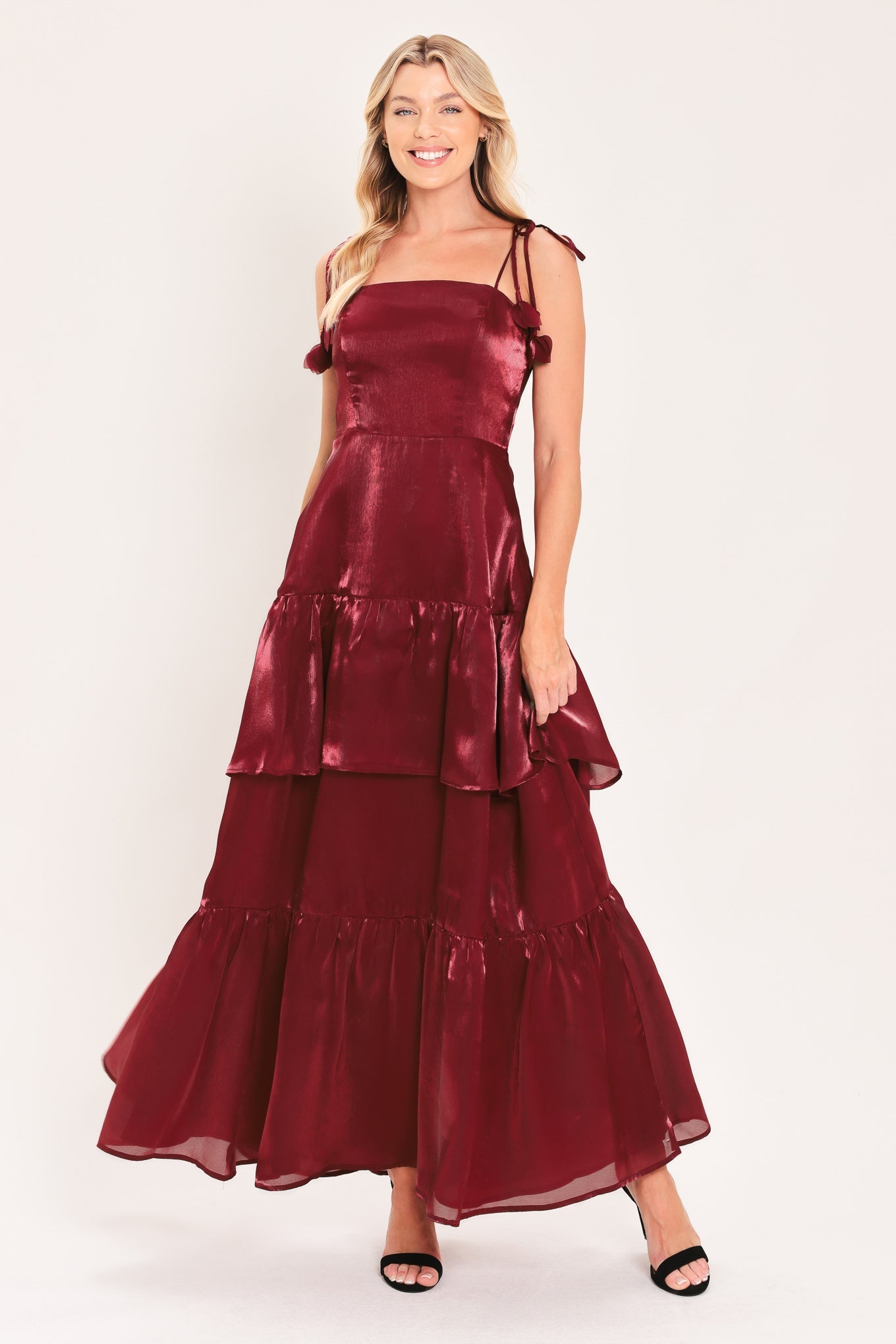 BORDEAUX BLOOM BURGUNDY SATIN MAXI DRESS