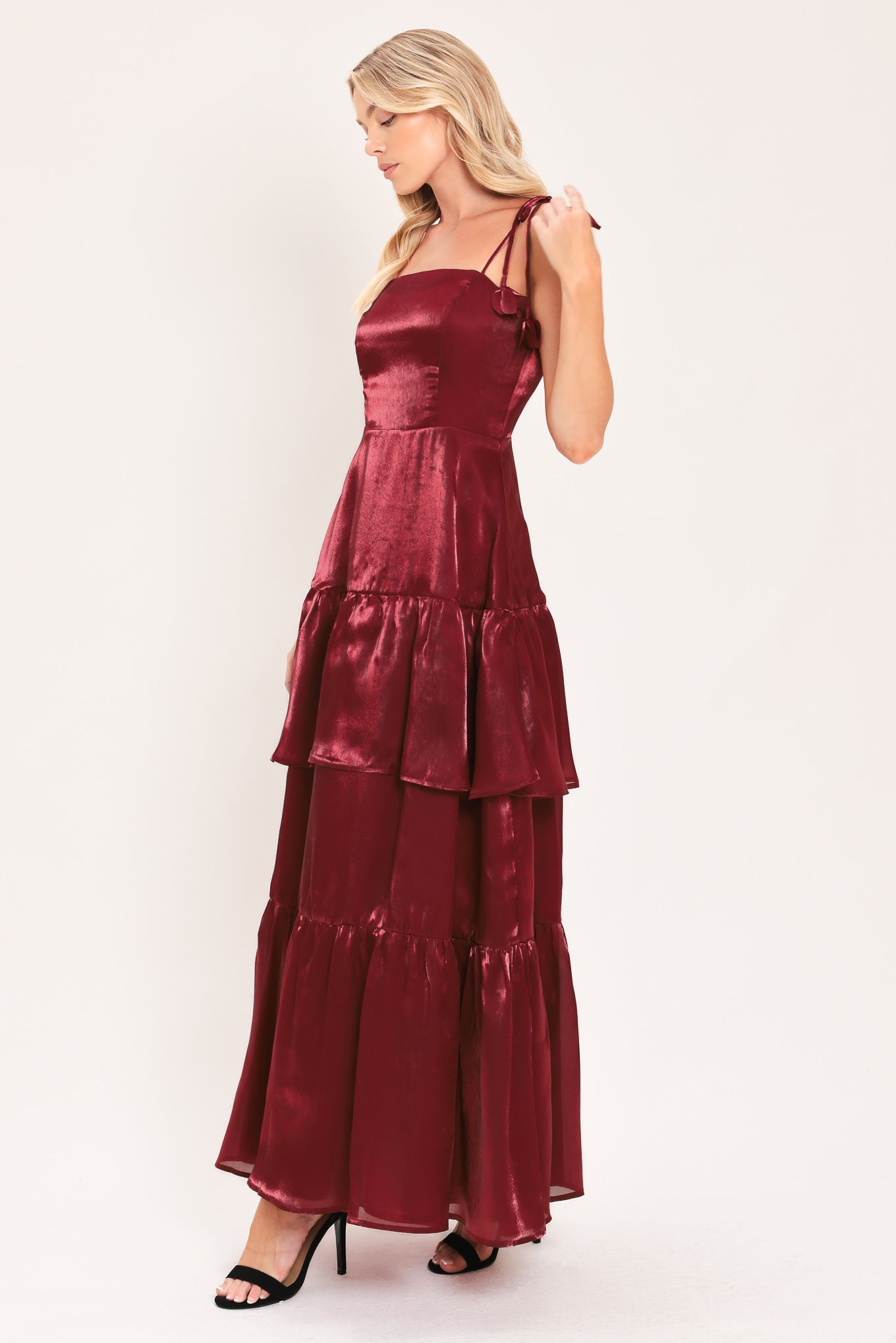 BORDEAUX BLOOM BURGUNDY SATIN MAXI DRESS