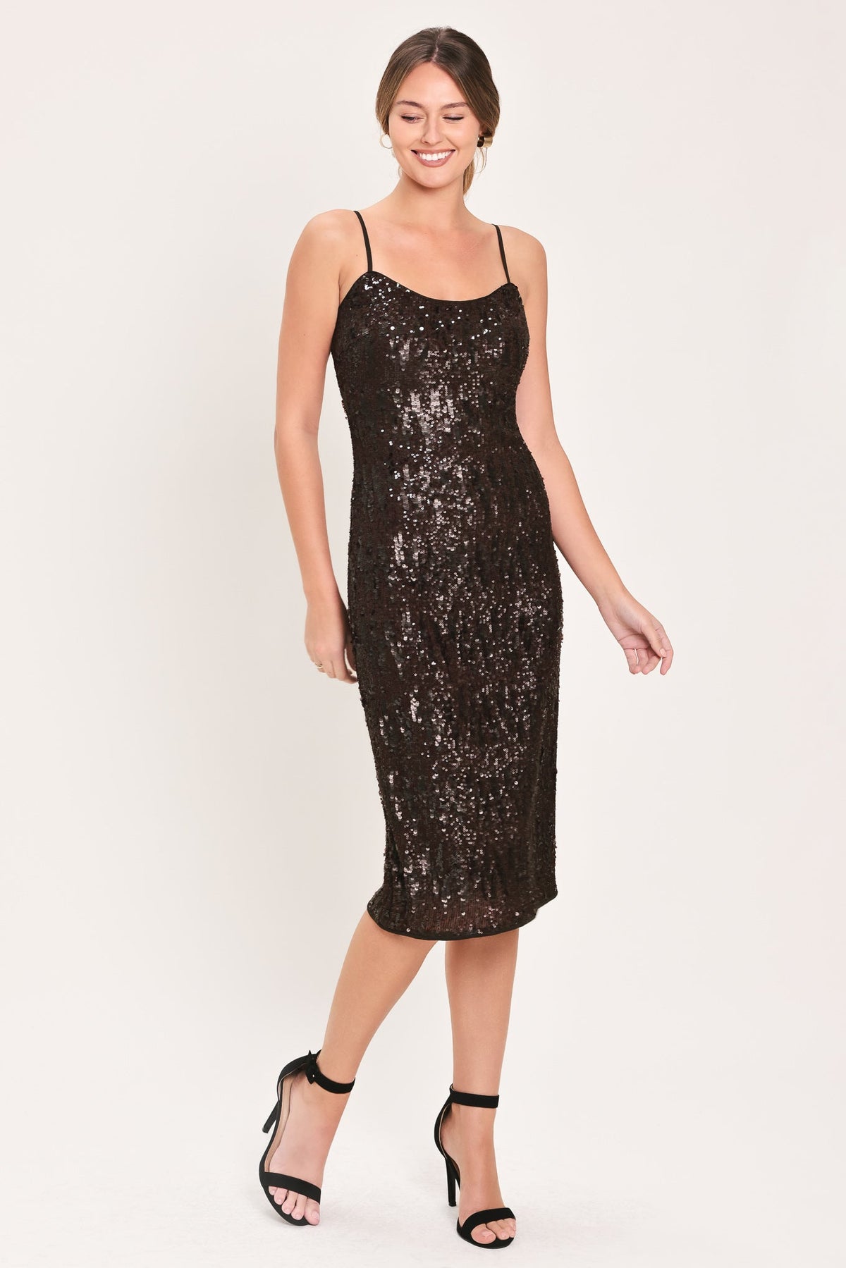 BRONZE GLOW BROWN SEQUIN SLIP MIDI DRESS