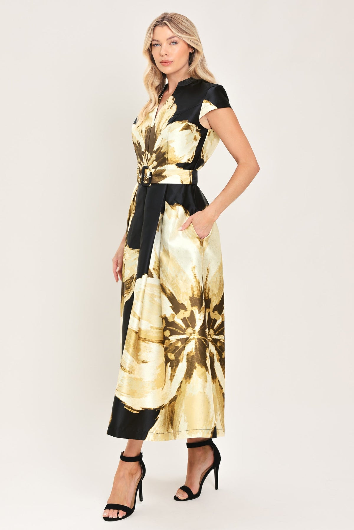 NOIR CHARM BLACK PRINTED BELTED MIDI DRESS