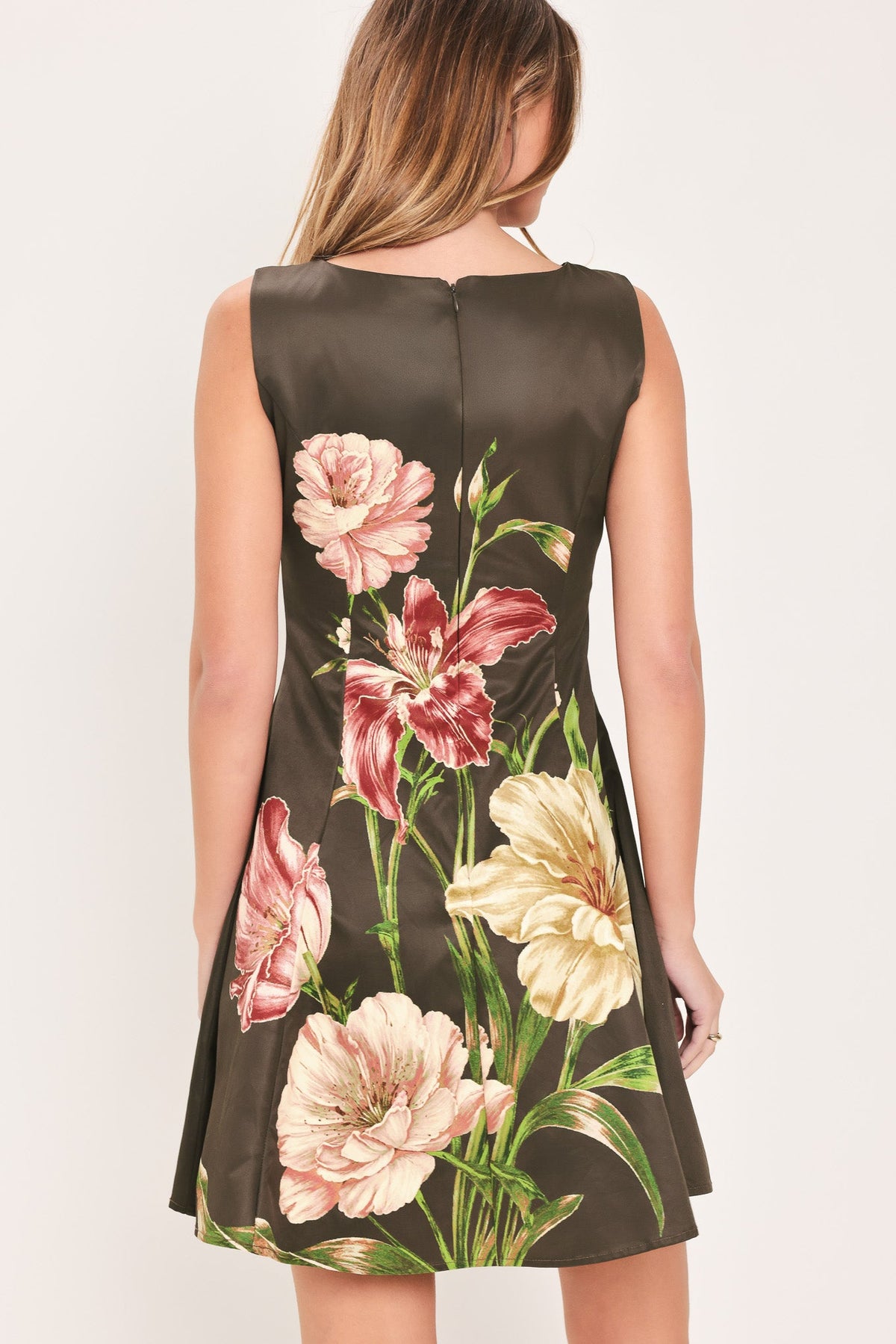 Dark Brown Floral Sleeveless Skater Mini Dress in Dark Brown, alternate view | Lady Black Tie