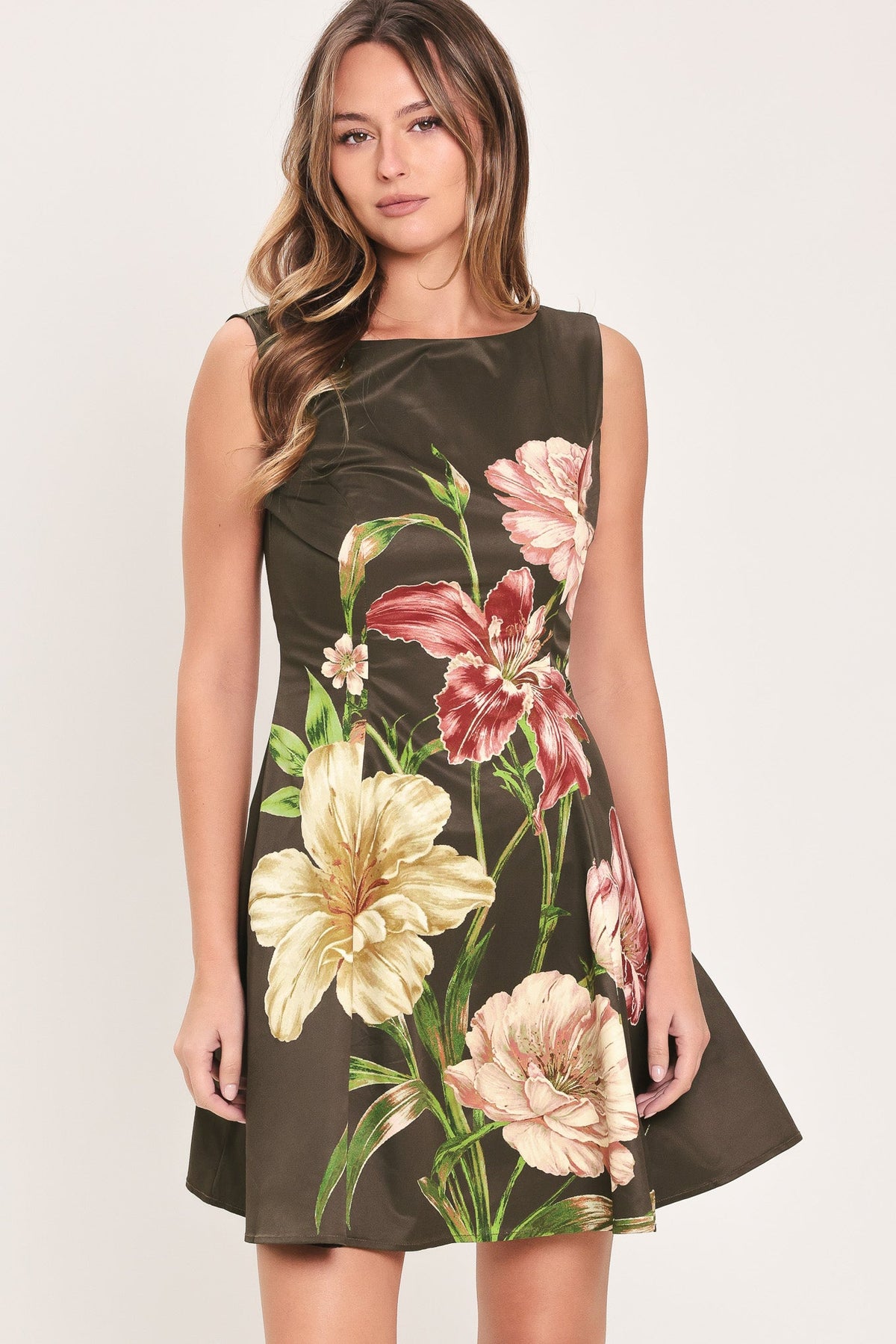Dark Brown Floral Sleeveless Skater Mini Dress in Dark Brown, front view | Lady Black Tie