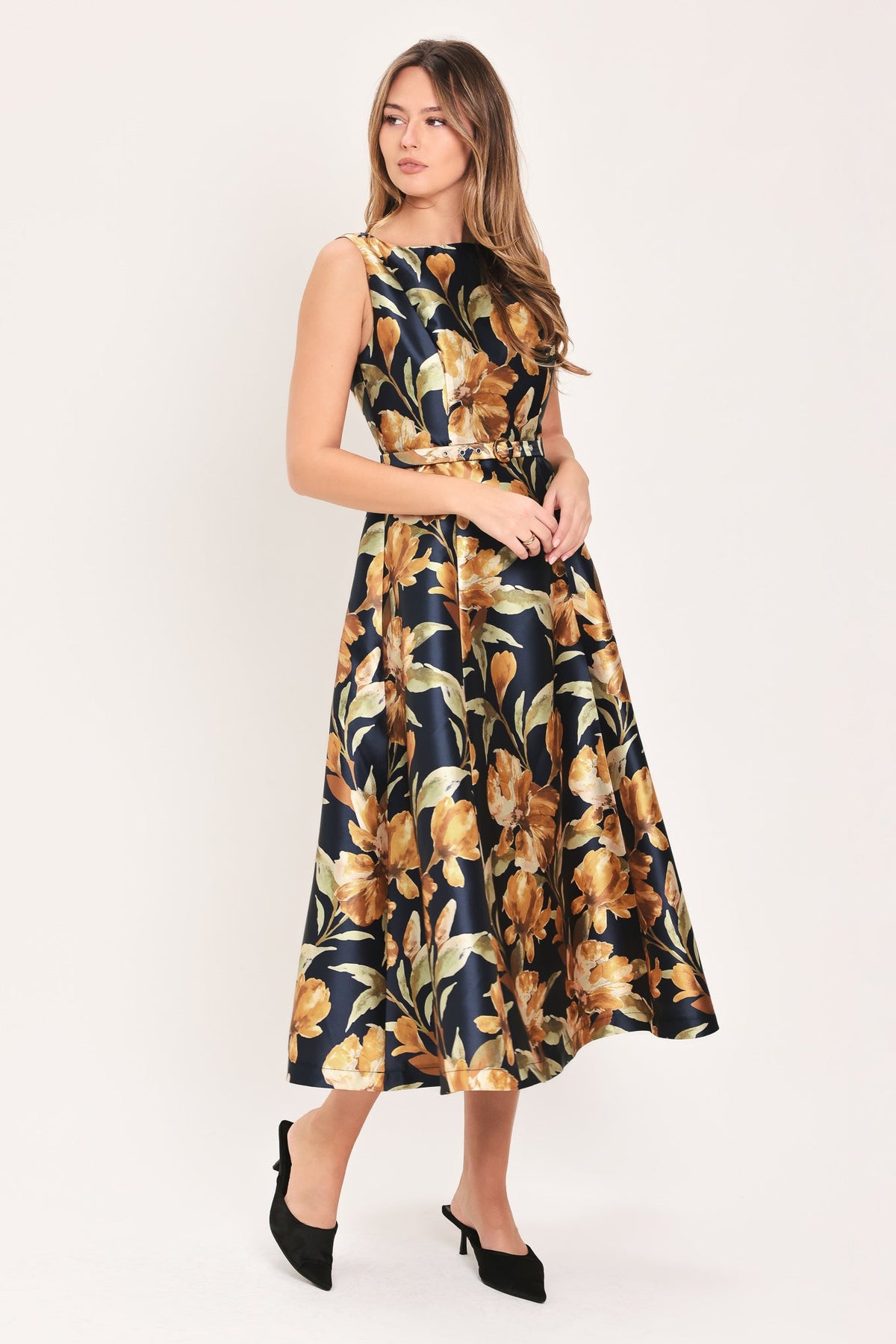 Navy and Gold Floral Belted Midi Dress in Navy, alternate view | Lady Black Tie