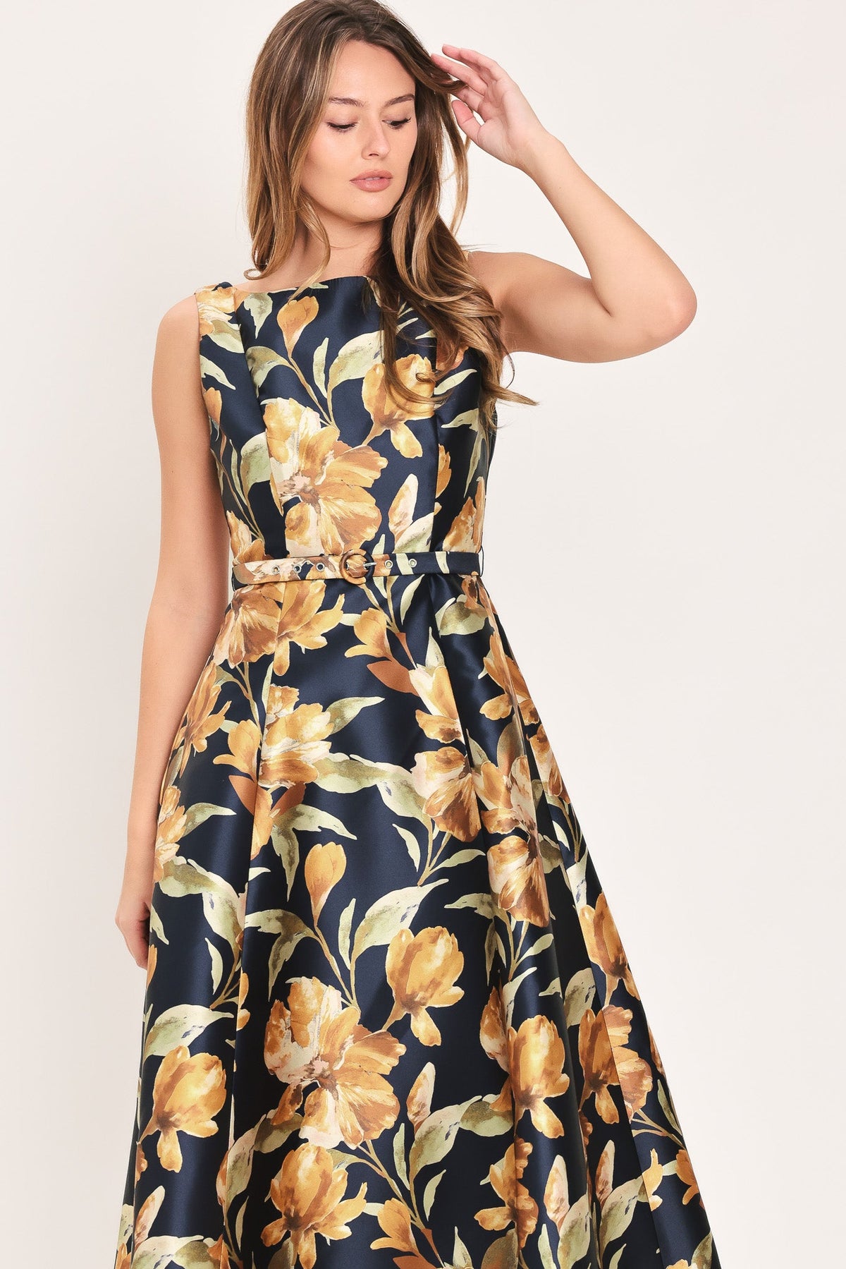 Navy and Gold Floral Belted Midi Dress in Navy, alternate view | Lady Black Tie