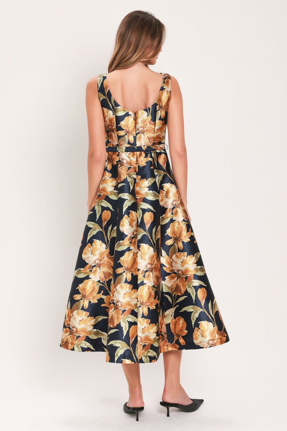 Navy and Gold Floral Belted Midi Dress in Navy, alternate view | Lady Black Tie