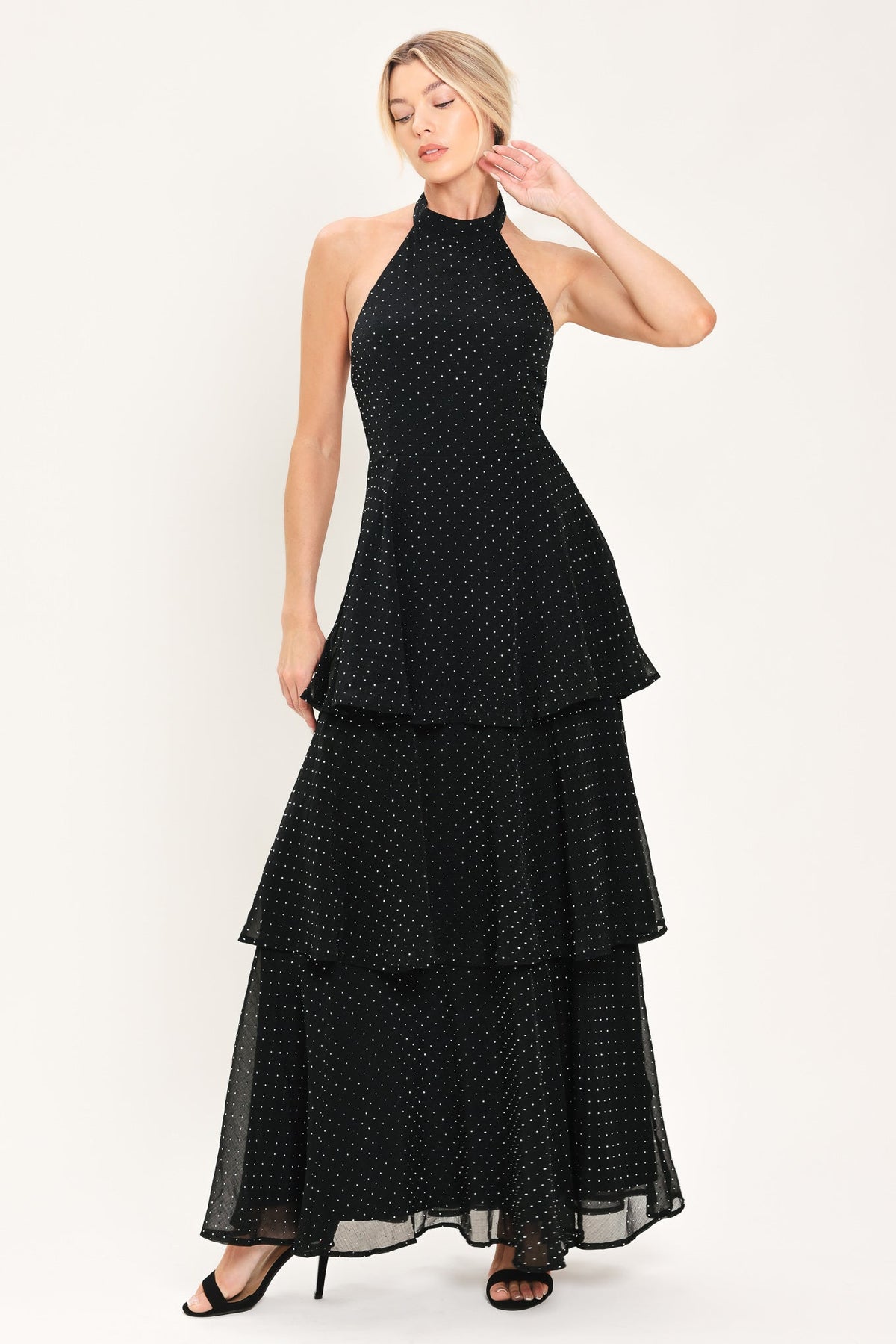 Black Rhinestone Halter Tiered Maxi Dress in Black, front view | Lady Black Tie