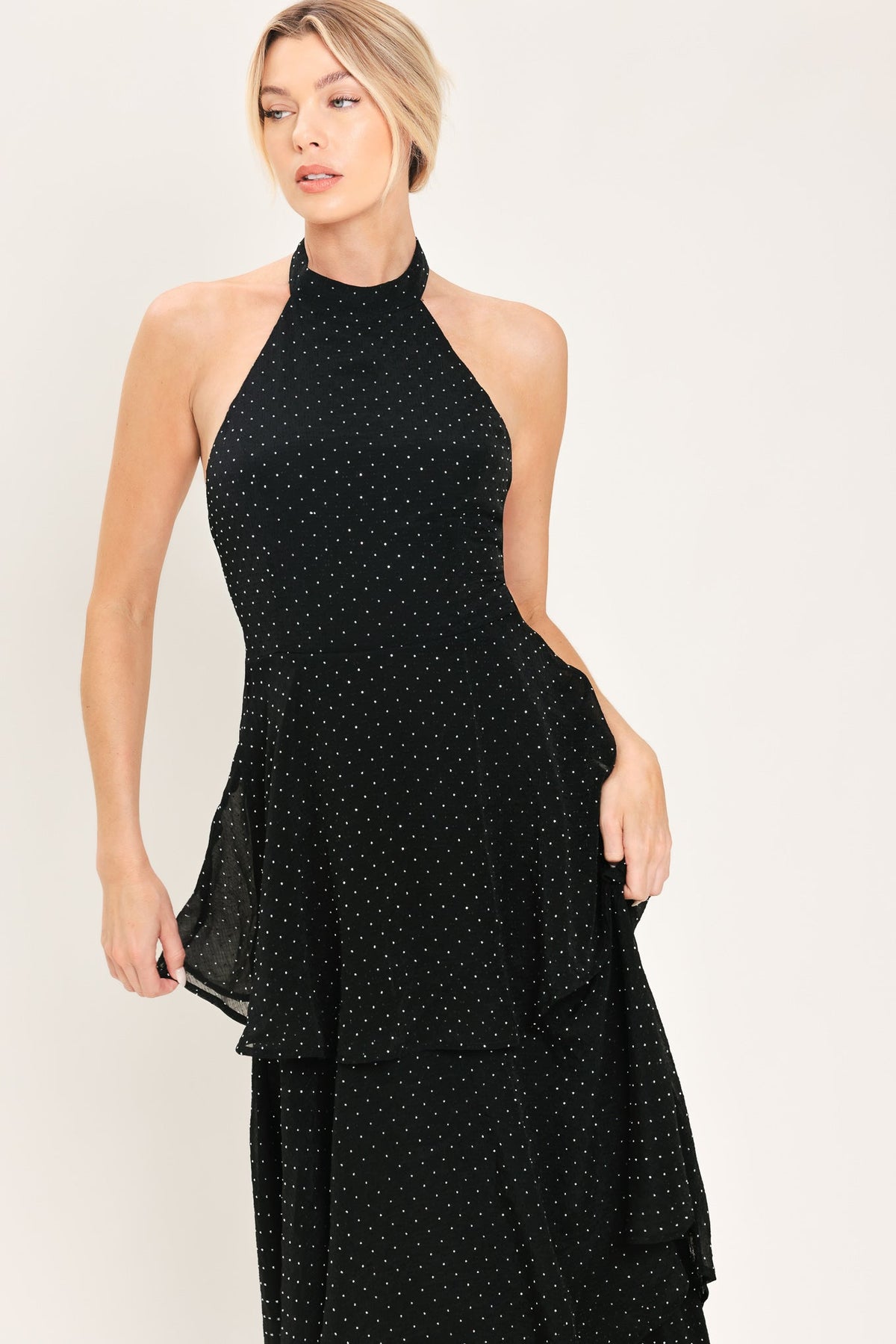 Black Rhinestone Halter Tiered Maxi Dress in Black, three-quarter view | Lady Black Tie