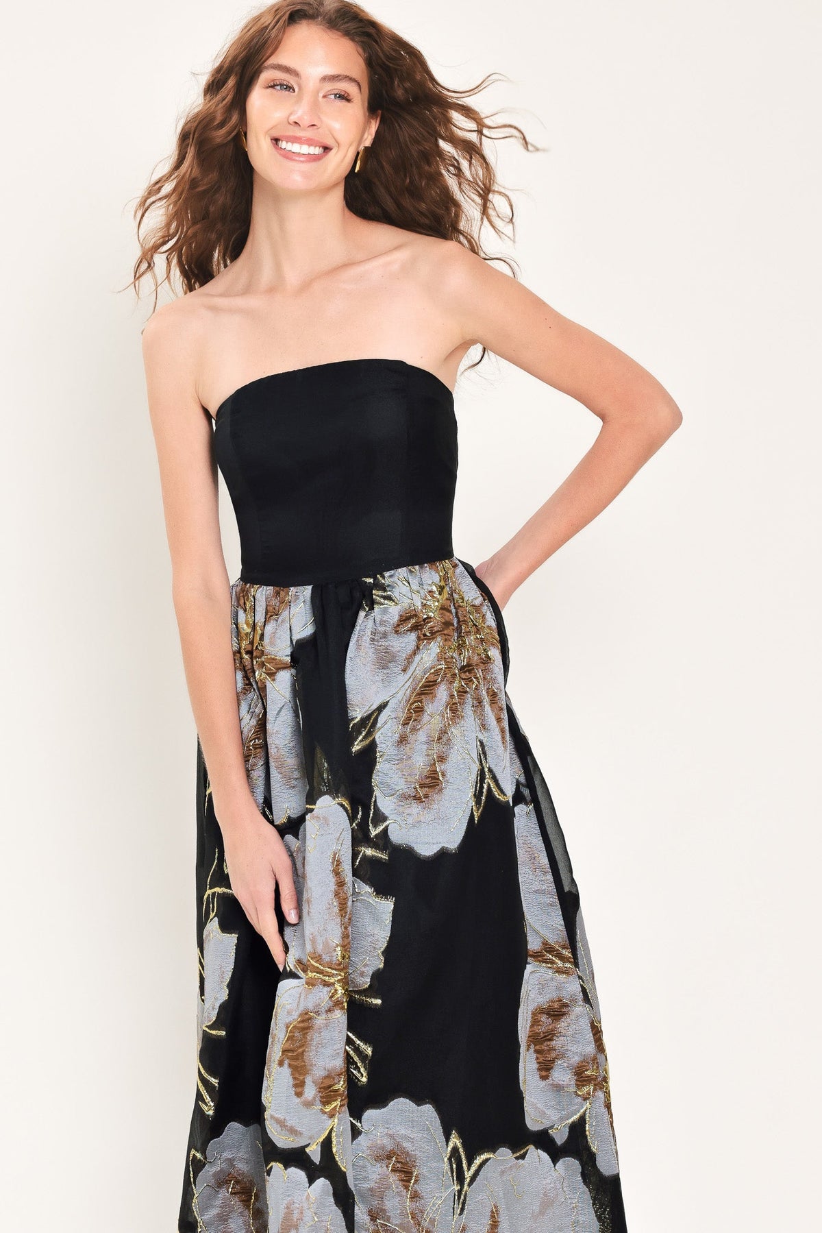 NOIR GARDEN BLACK STRAPLESS PRINTED MAXI DRESS