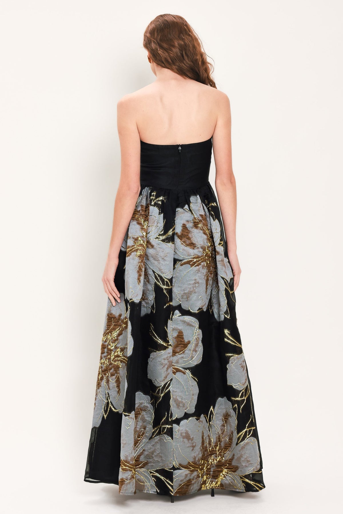 NOIR GARDEN BLACK STRAPLESS PRINTED MAXI DRESS