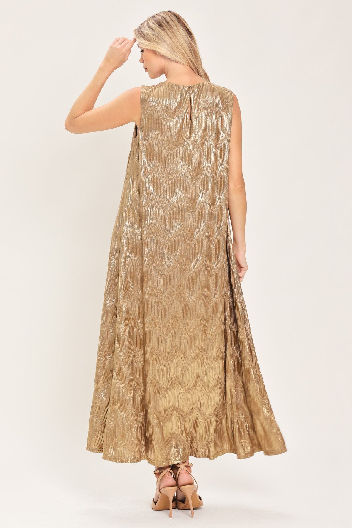 Gold Metallic Belted Midi Dress in Gold, back view without belt | Lady Black Tie