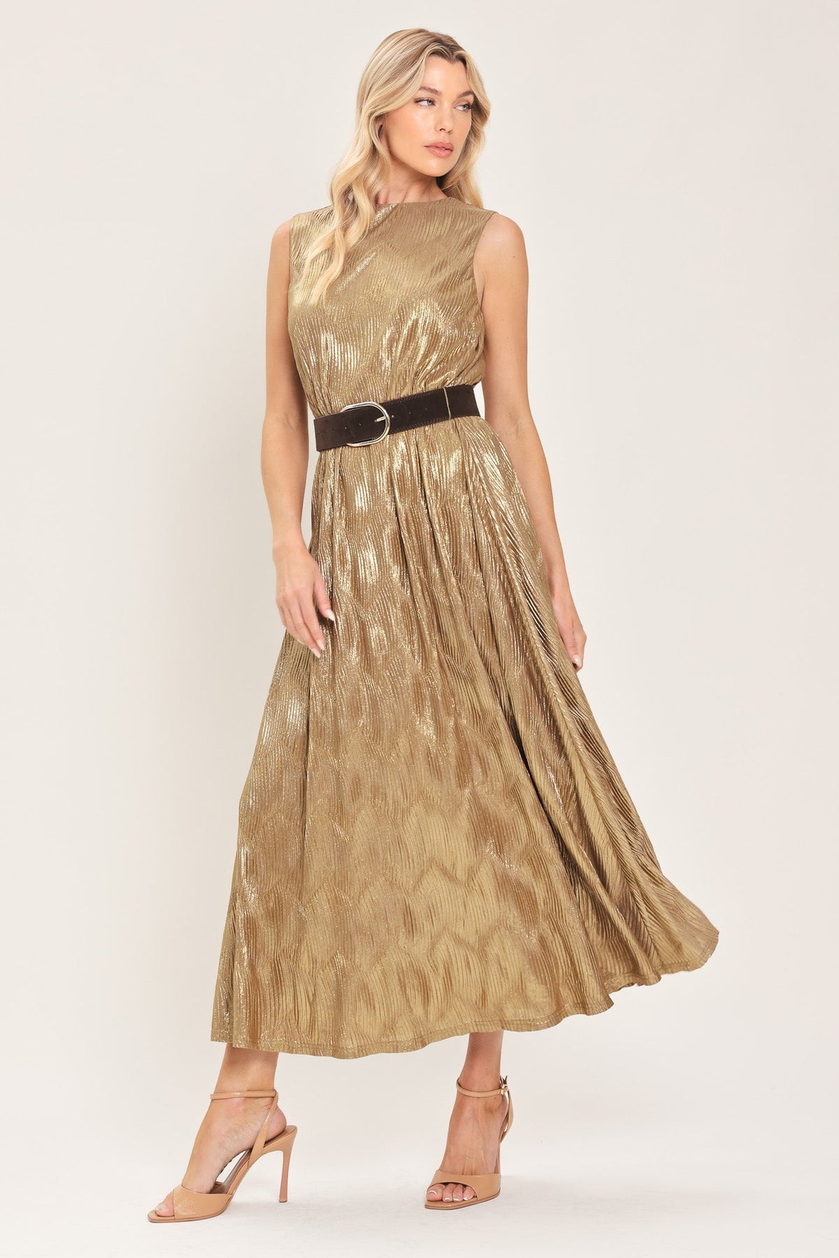 Gold Metallic Belted Midi Dress in Gold, front view with belt | Lady Black Tie