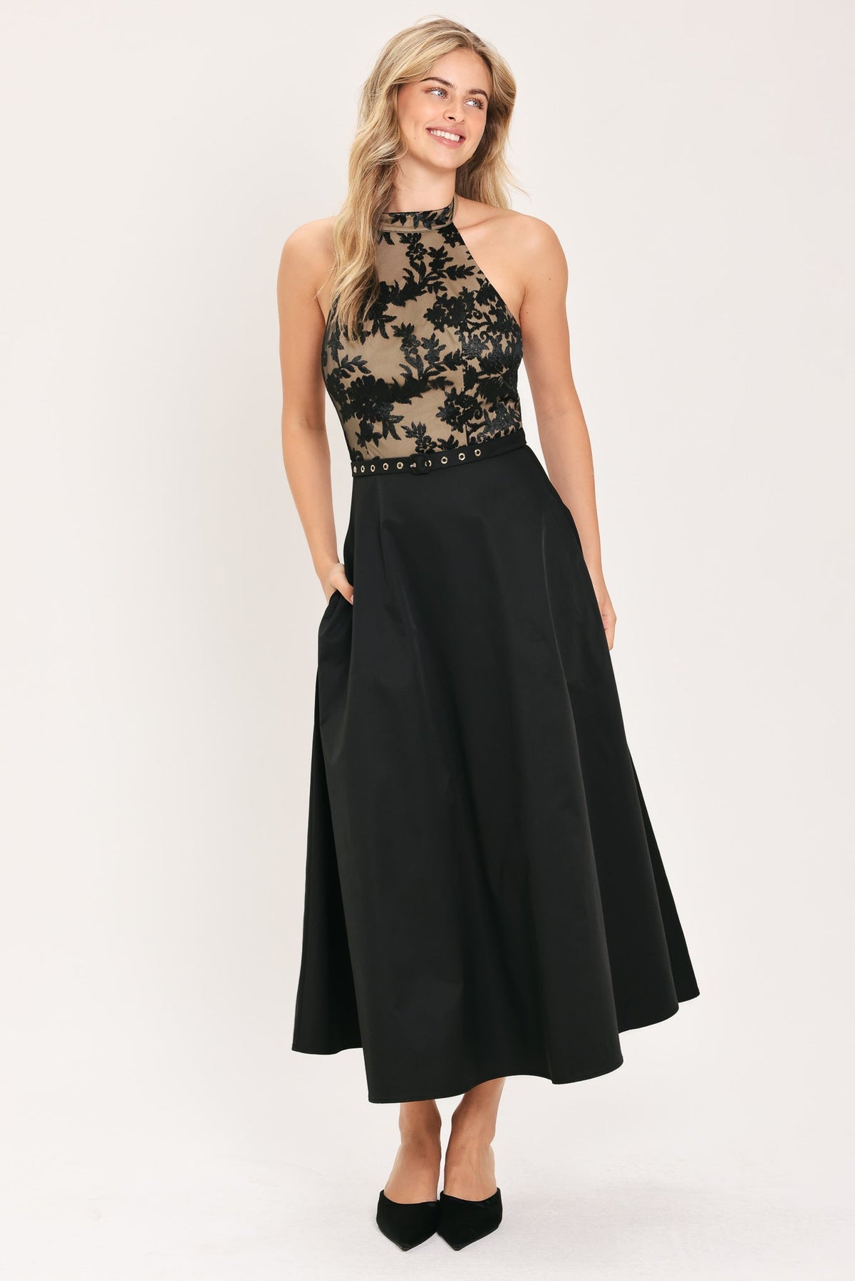 Black Lace Halter Circle Skirt Midi Dress in Black, front view | Lady Black Tie