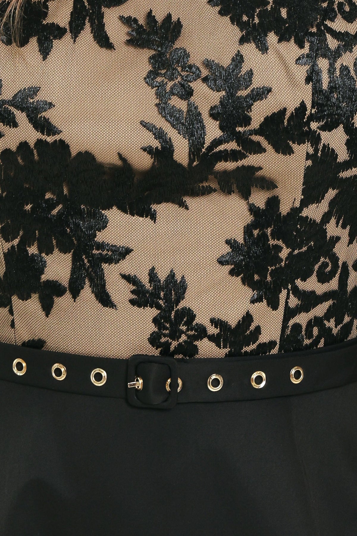 Black Lace Halter Circle Skirt Midi Dress in Black, fabric swatch | Lady Black Tie