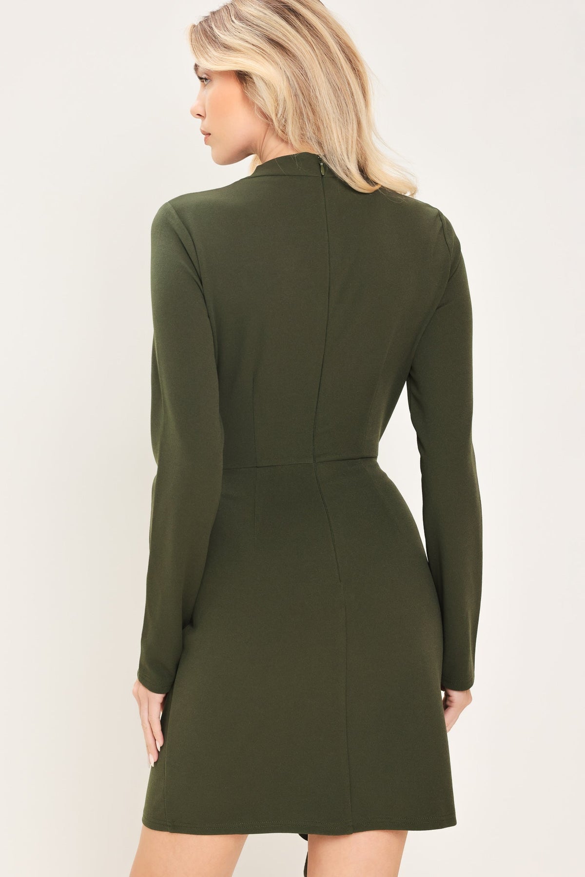 Olive Green Long Sleeve Ruffle Mini Dress in Dark Olive, back view | Lady Black Tie