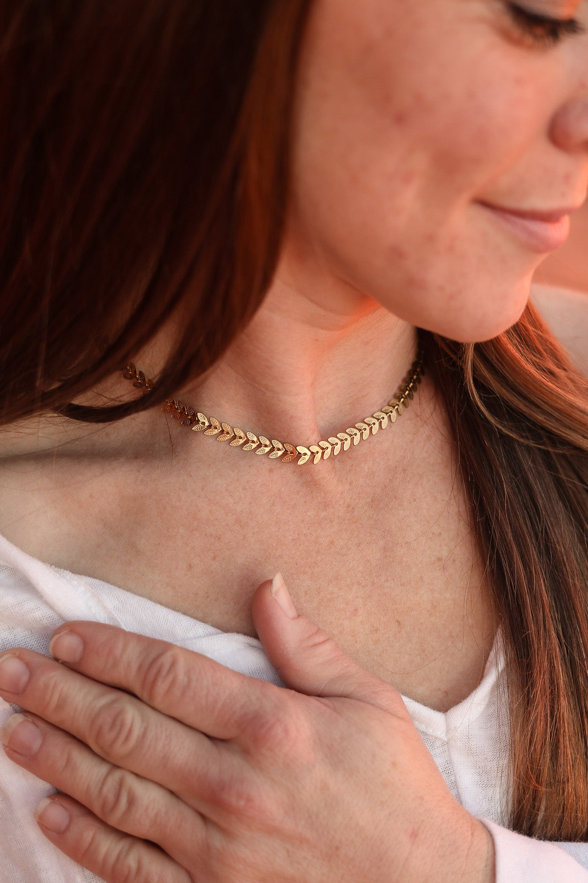 Embossed Leaf Chain Necklace in Gold, worn on model | Lady Black Tie