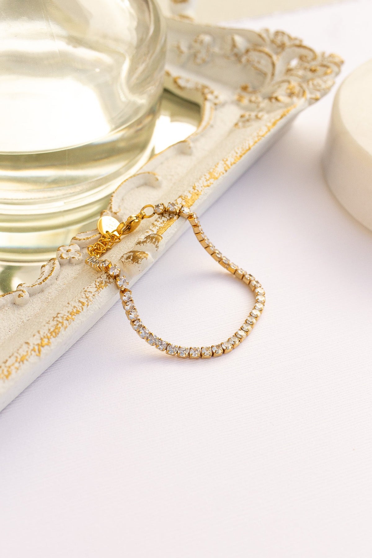 Waterproof Gold Crystal Tennis Bracelet, styled product view | Lady Black Tie