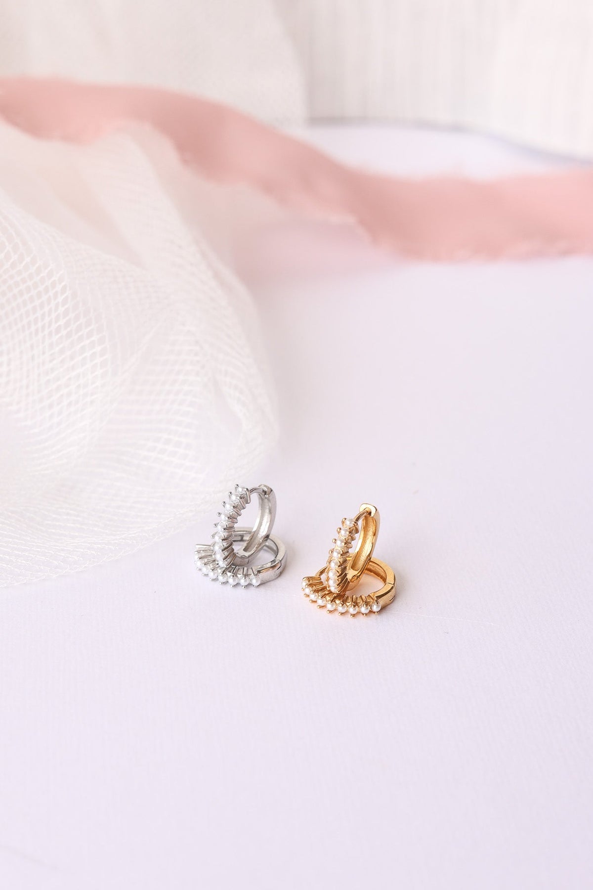 Pearl Mini Huggie Hoop Earrings in Gold and Silver | Lady Black Tie