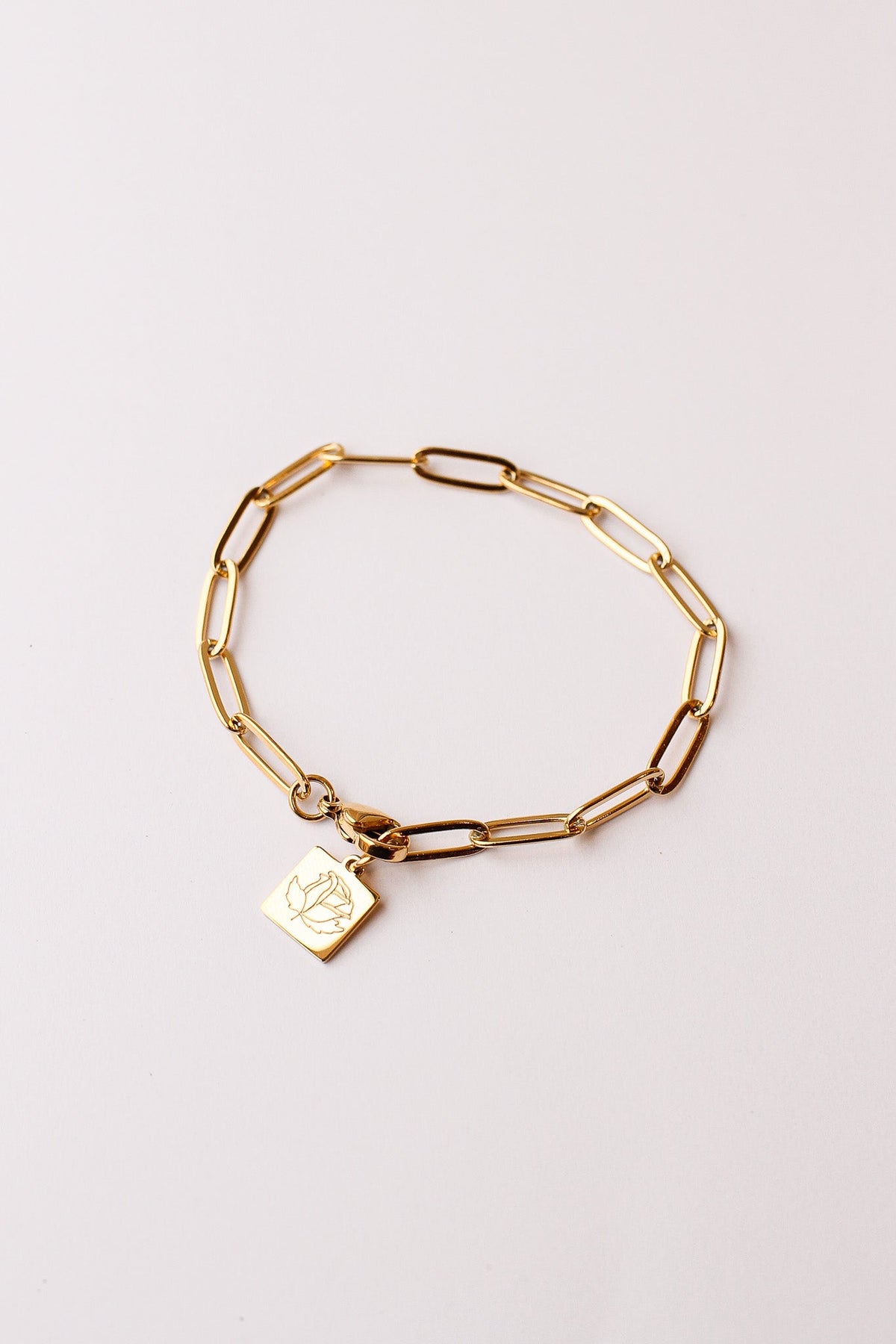 Gold Paperclip Chain Bracelet with Rose Charm, product view | Lady Black Tie