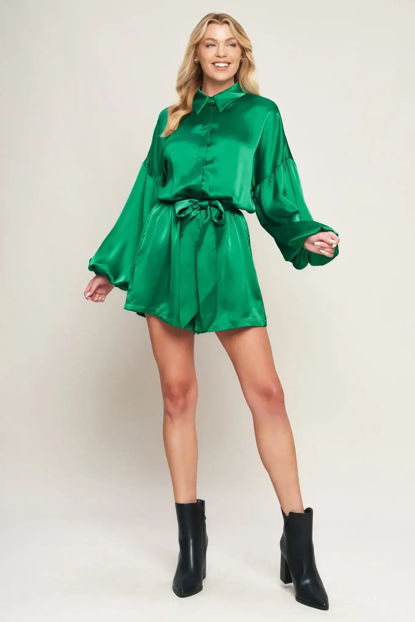 CELEBRATION TIME GREEN SATIN ROMPER WITH LONG SLEEVES