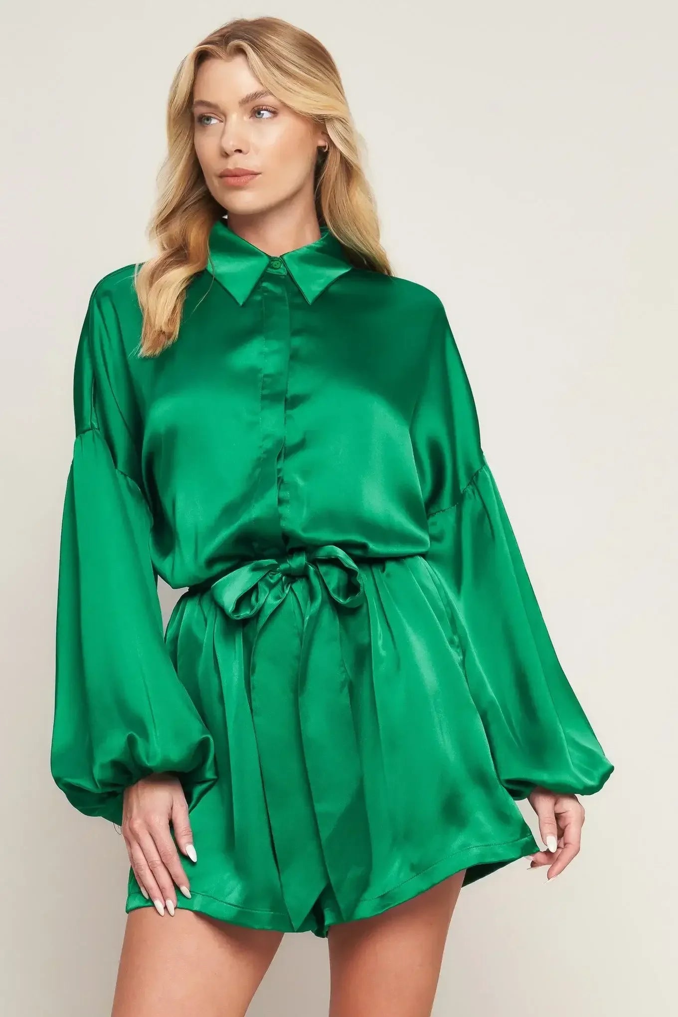 CELEBRATION TIME GREEN SATIN ROMPER WITH LONG SLEEVES