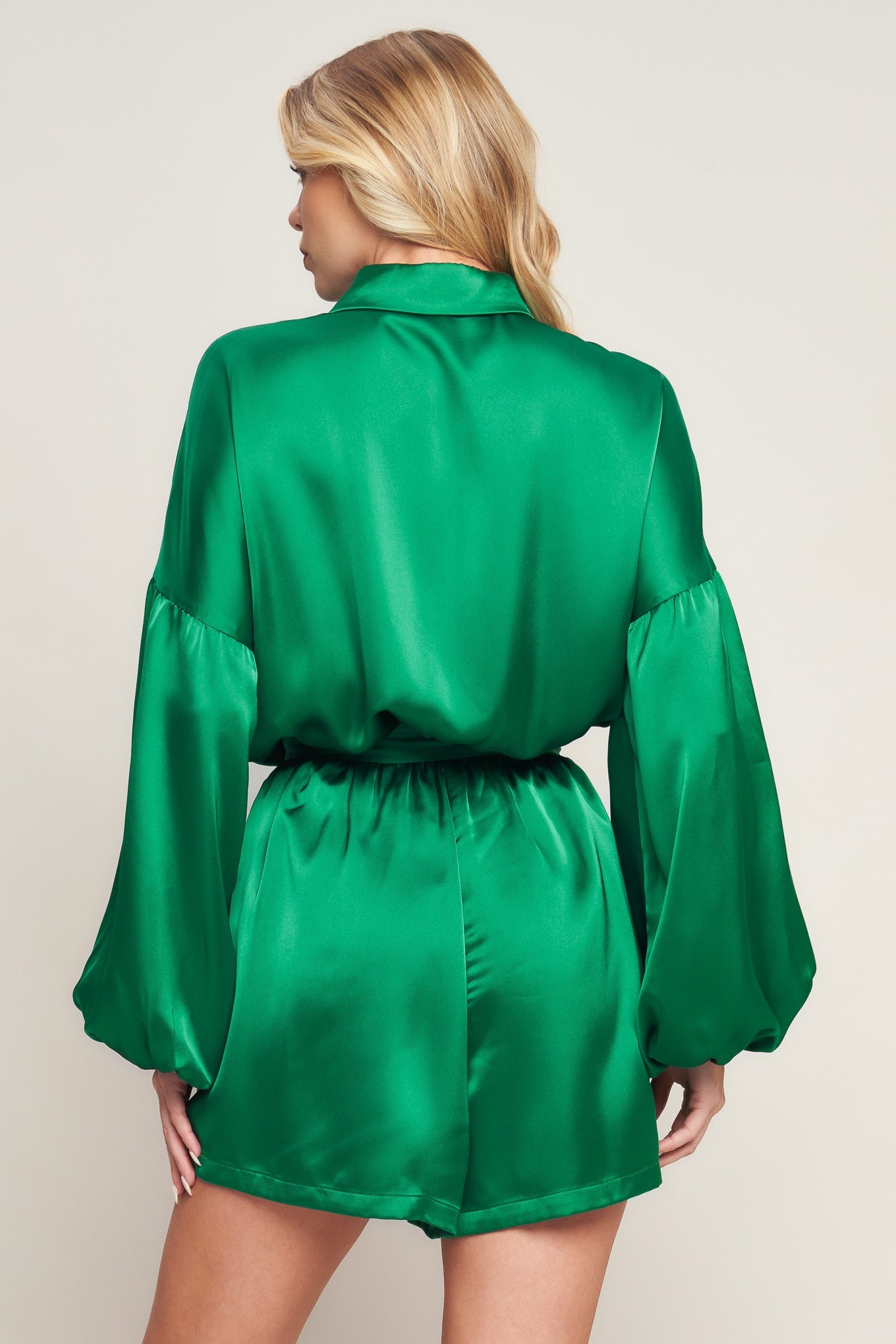 CELEBRATION TIME GREEN SATIN ROMPER WITH LONG SLEEVES